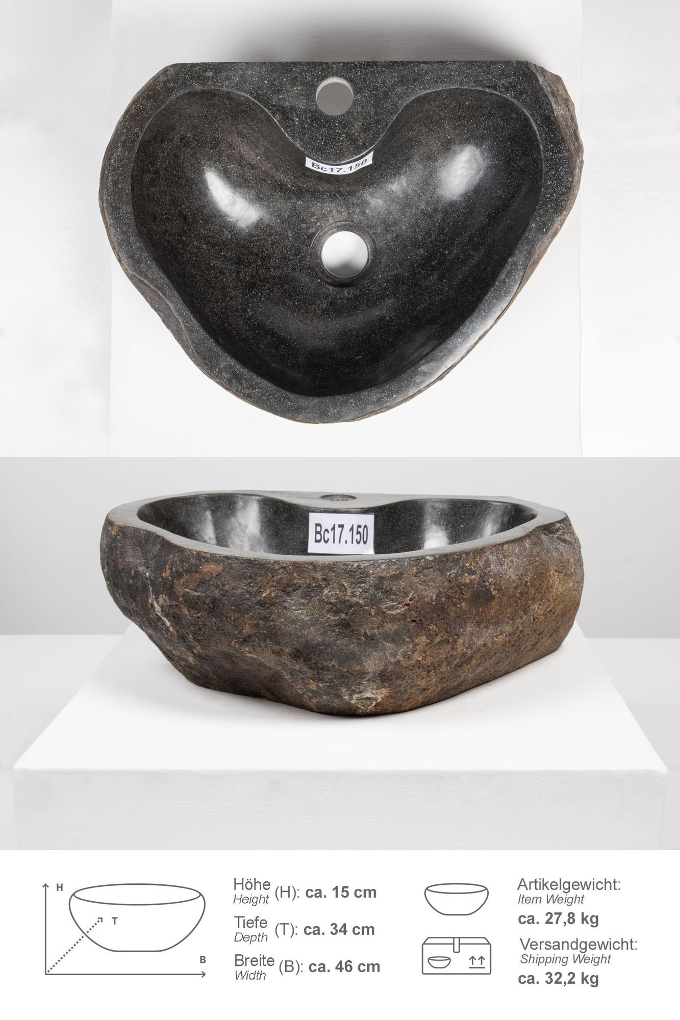 Naturstein-Waschbecken 40 cm mit Hahnloch Bc17.150