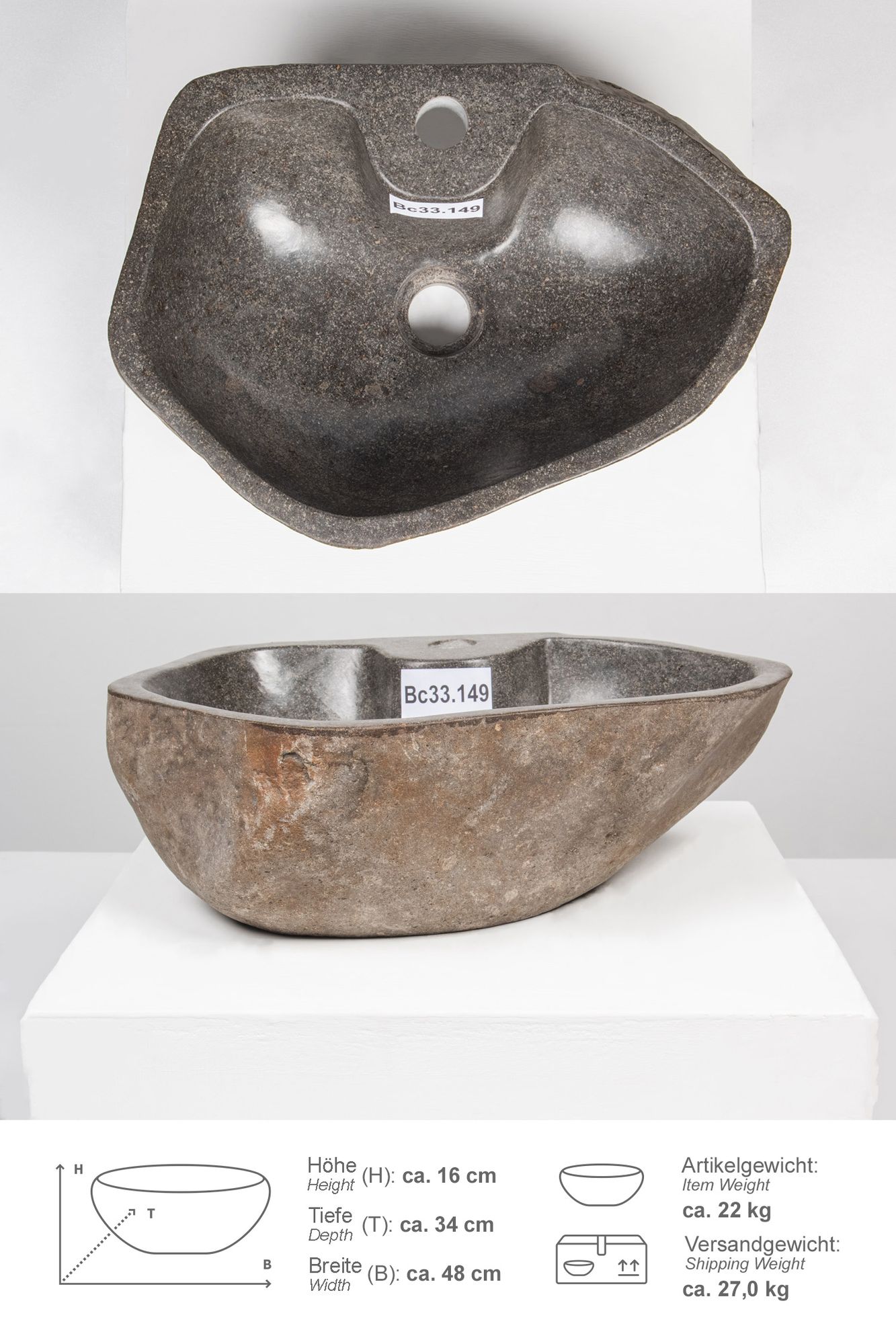 Naturstein-Waschbecken 40 cm mit Hahnloch Bc33.149