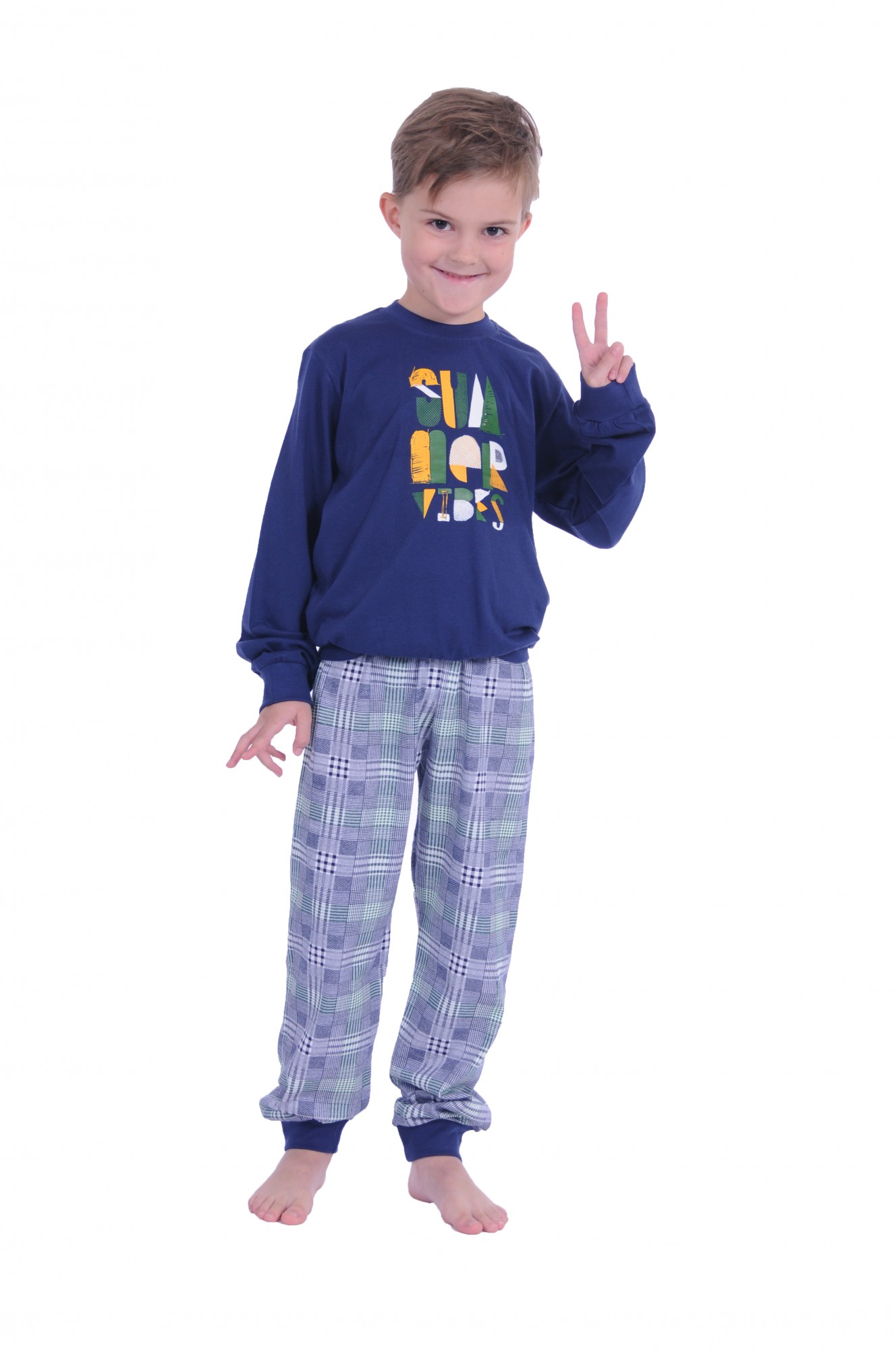 Cooler Jungen Pyjama mit Bündchen langarm und karierter Hose Mix & Match  90 601