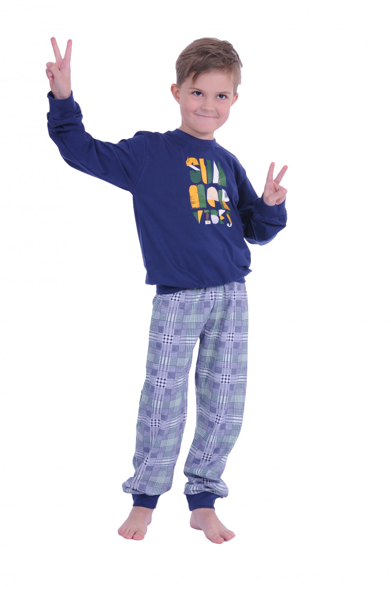 Cooler Jungen Pyjama mit Bündchen langarm und karierter Hose Mix & Match  90 601