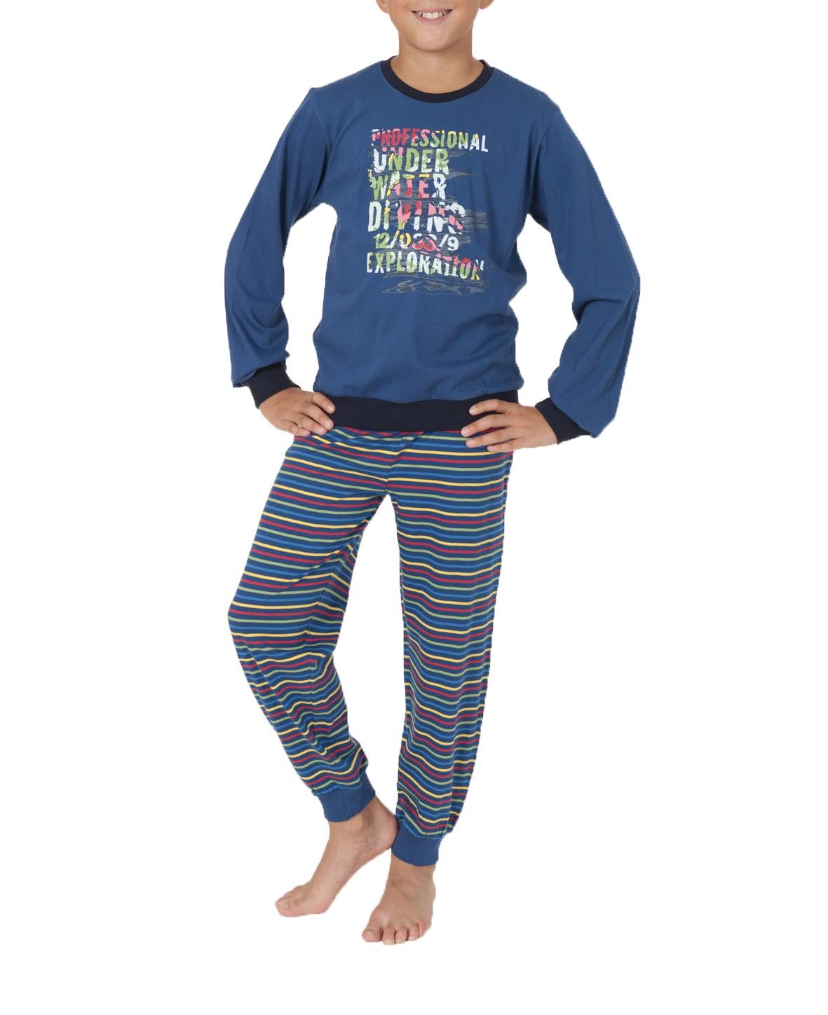 Jungen Pyjama Schlafanzug langarm mit Bündchen und gestreifter Hose 58572