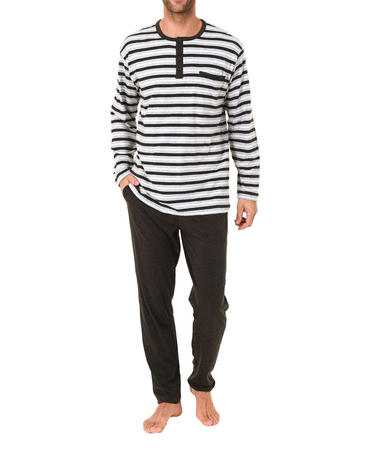 Lässiger Herren Pyjama lang in Streifenoptik und Knopfleiste am Hals – 271 101 90 773