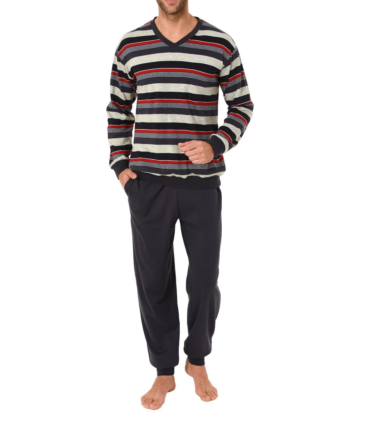 Pyjama Schlafanzug lang mit Bündchen und V-Hals – auch in Übergrössen - 271 101 96 786