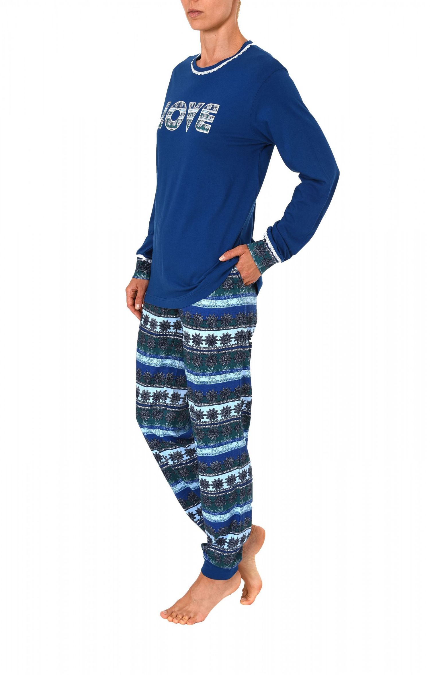 Cooler Damen Pyjama lang mit Bündchen – auch in Übergrössen bis 60/62 – 271 201 90 106