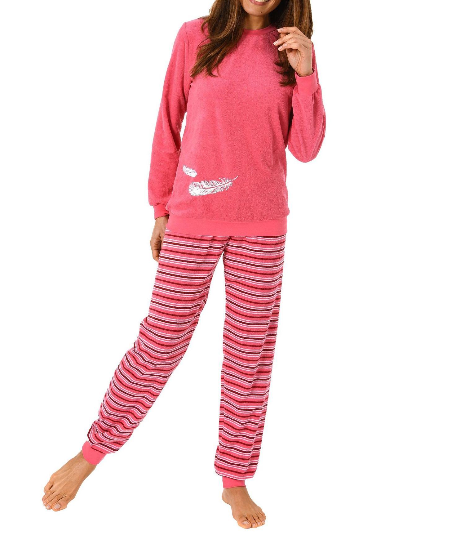 Damen Frottee Pyjama lang mit Bündchen und tollen Feder-Motiv – 271 201 93 138