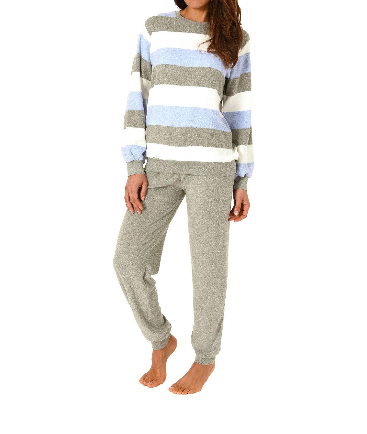 Damen Frottee Pyjama lang mit Bündchen in einer tollen Streifenoptik – 271 201 93 238