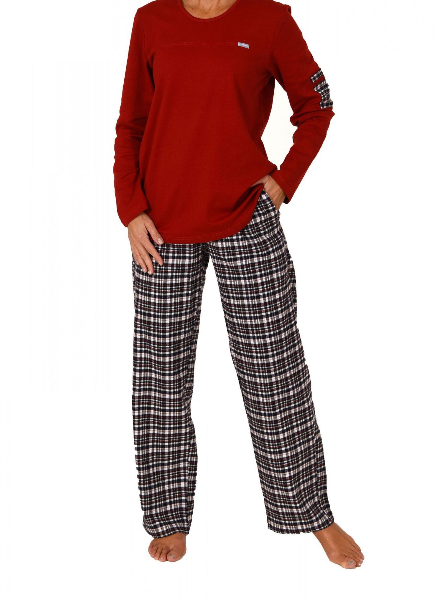 Damen Pyjama lang Mix & Match – karierte Flanellhose und Interlock Oberteil  201 96 002