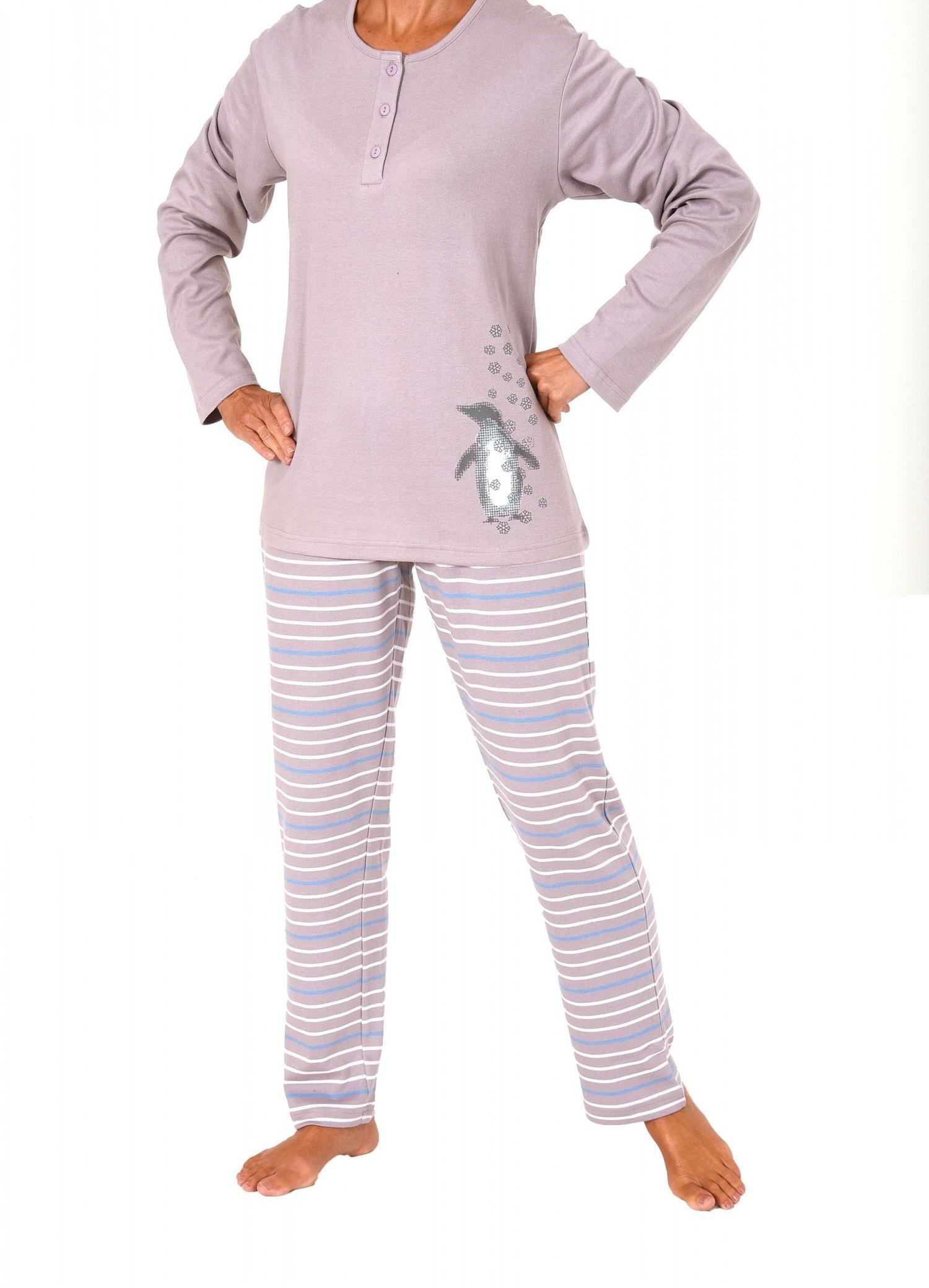 Damen Pyjama in Kuschel-Interlock-Qualität mit süssen Pinguin Motiv – auch in Übergrössen