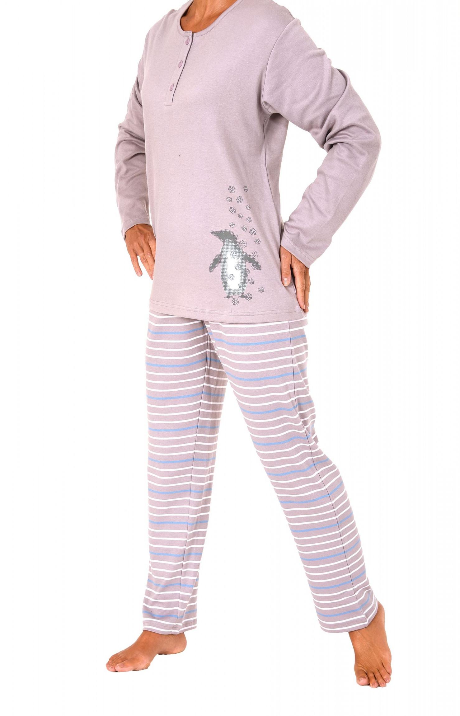 Damen Pyjama in Kuschel-Interlock-Qualität mit süssen Pinguin Motiv – auch in Übergrössen