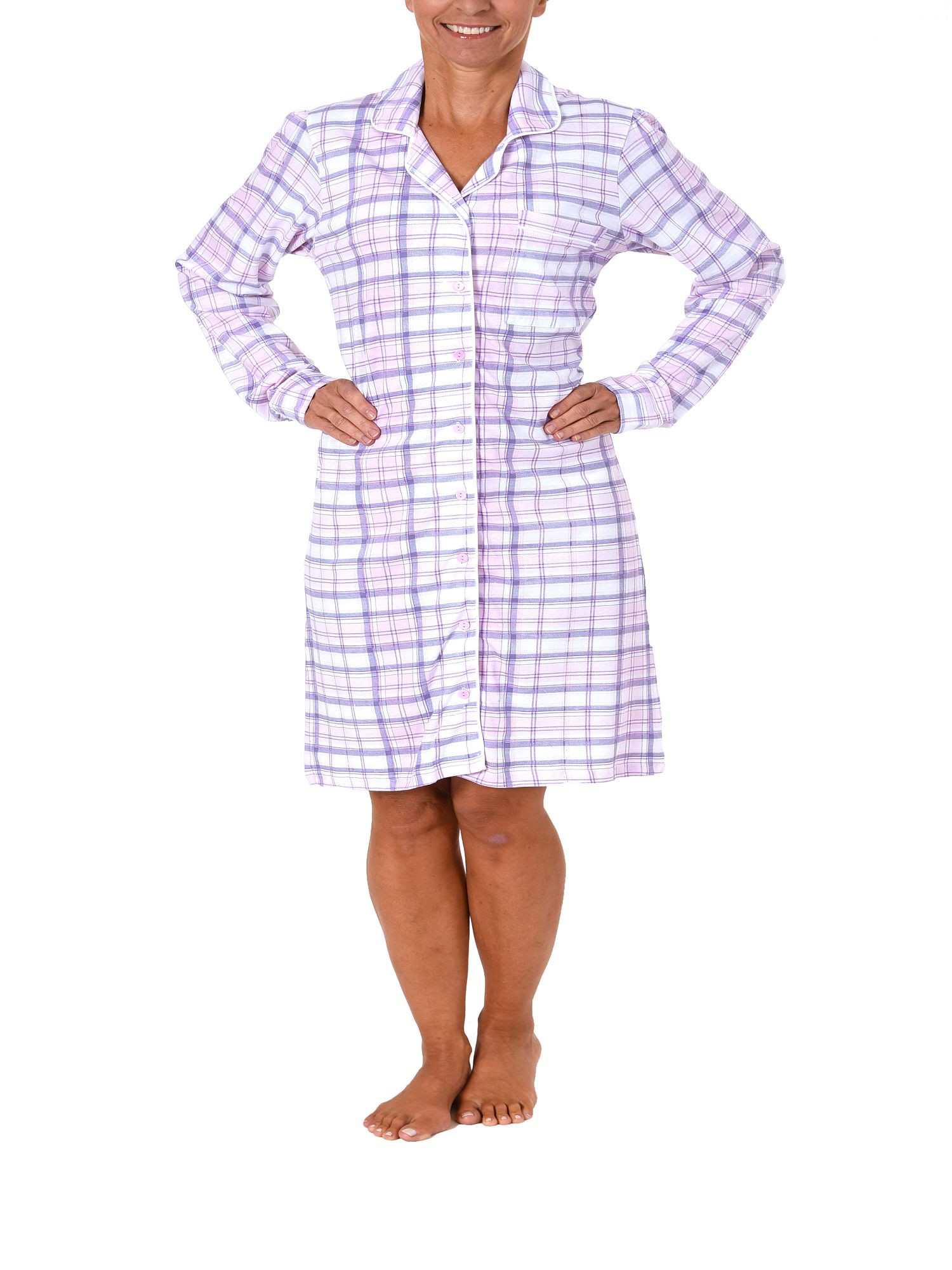 Damen Nachthemd langarm zum durchknöpfen im Karodesign Single Jersey – 213 90 153