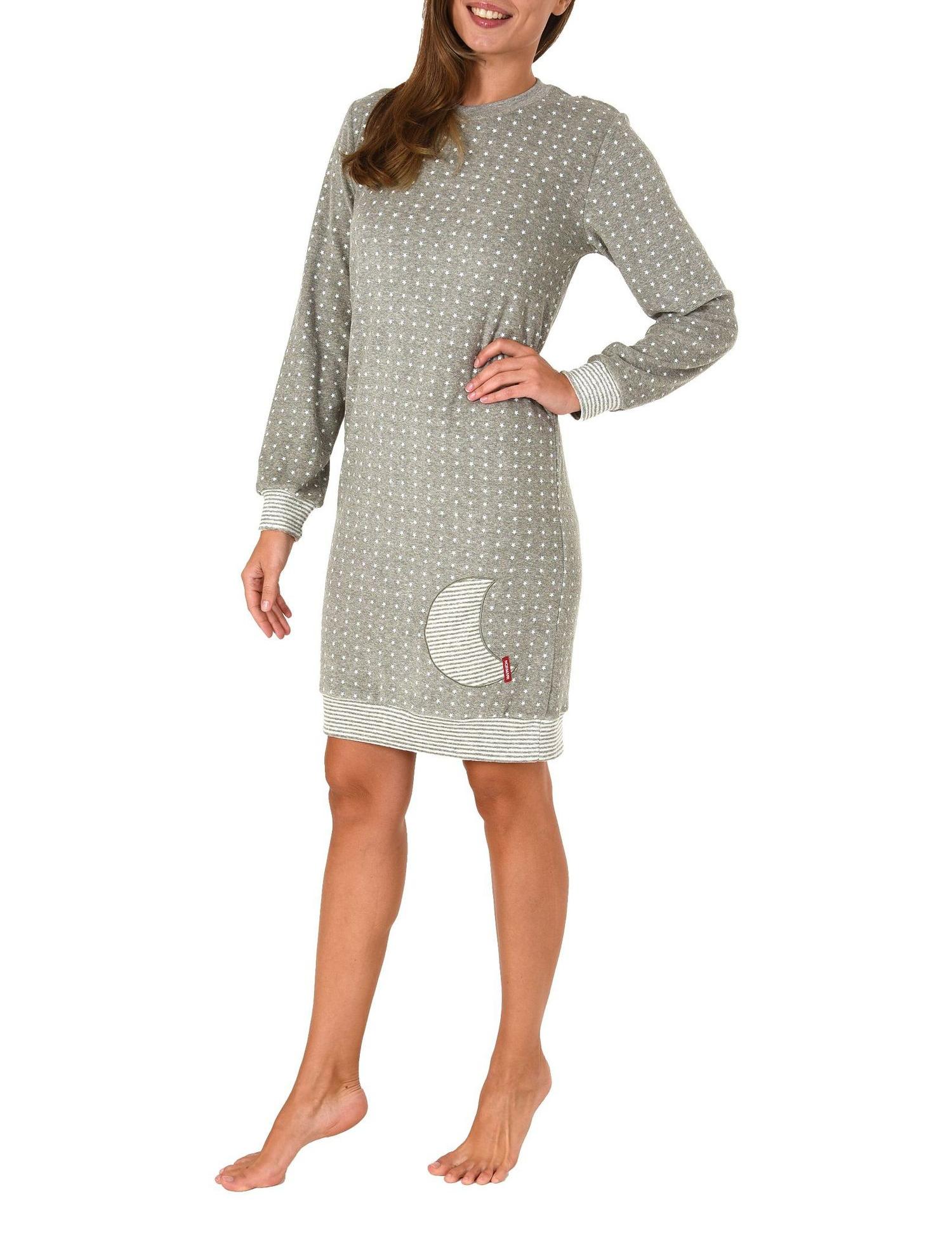 Damen Frottee Nachthemd langarm mit Sterne Tupfen – auch in Übergrössen bis 60/62 