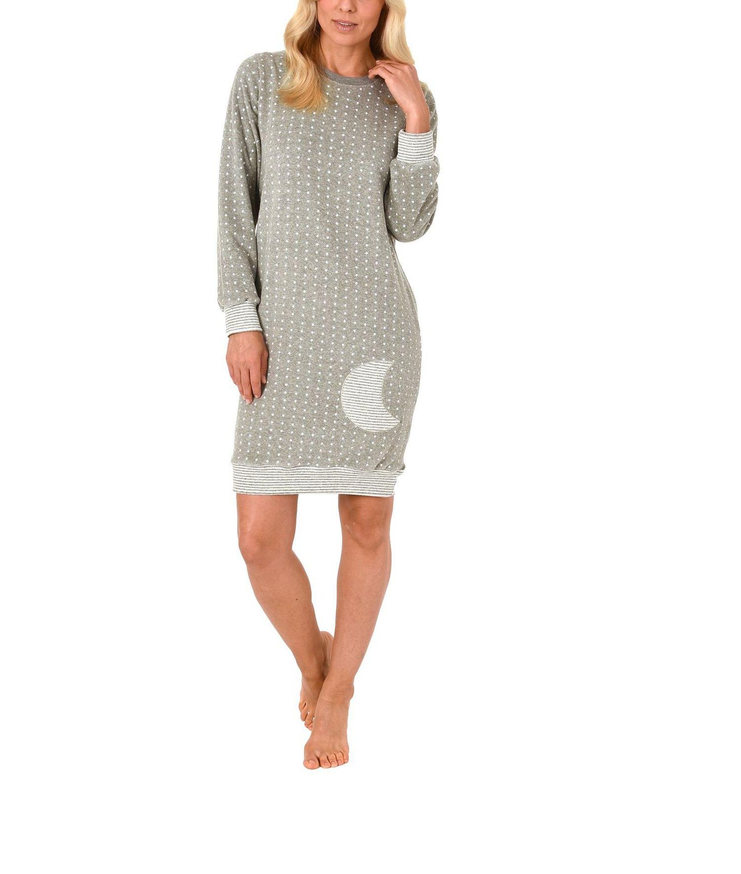 Damen Frottee Nachthemd langarm mit Sterne Tupfen – auch in Übergrössen bis 60/62 