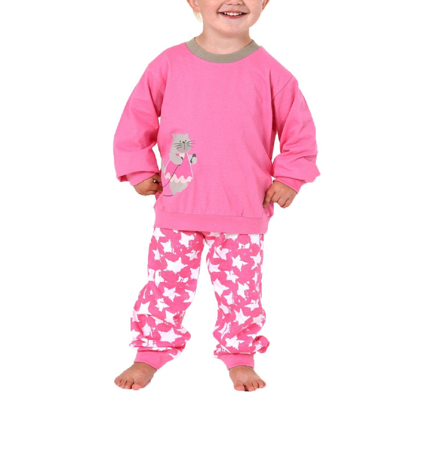 Mädchen Schlafanzug Pyjama mit Bündchen- Hose im Sternen Motiv - Oberteil Katze als Motiv
