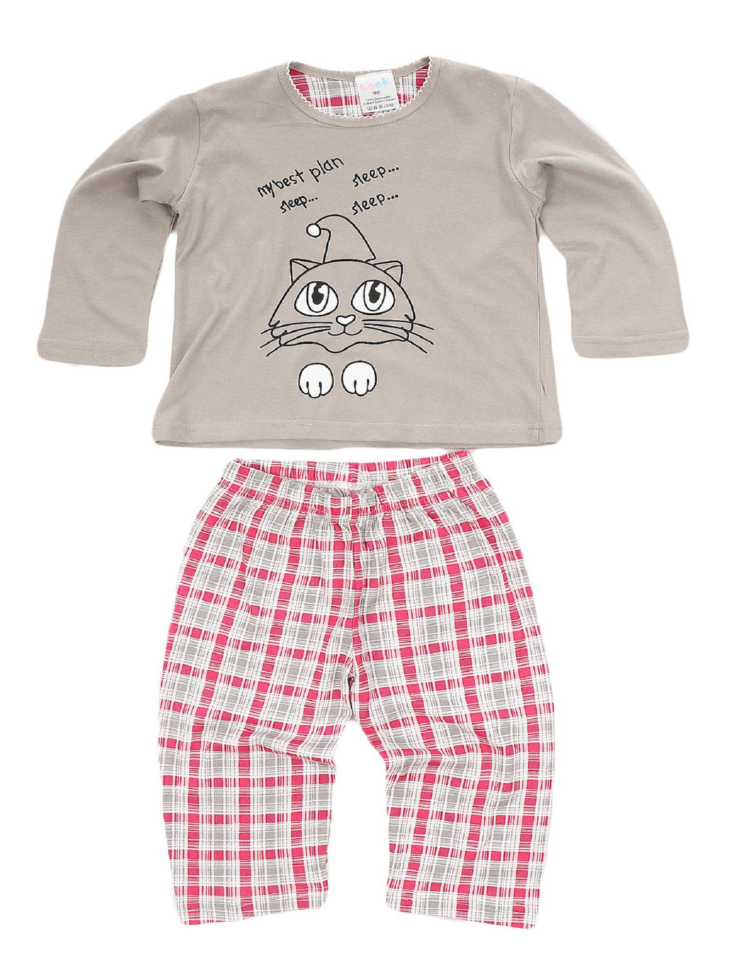 Mädchen Schlafanzug Pyjama langarm mit Katze als Motiv 58421