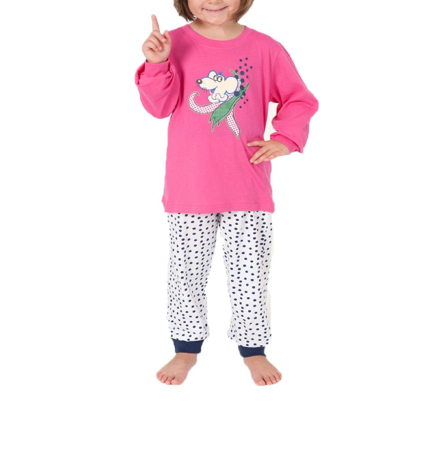 Mädchen Schlafanzug Pyjama mit Bündchen - coole Tupfen - Punkte Optik und Maus als Motiv Mädchen Schlafanzug Pyjama mit Bündchen - coole Tupfen - Punkte Optik und Maus als Motiv