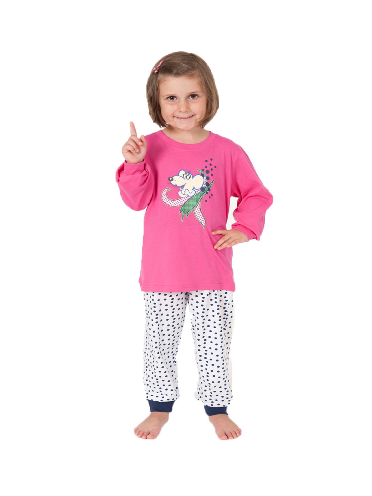 Mädchen Schlafanzug Pyjama mit Bündchen - coole Tupfen - Punkte Optik und Maus als Motiv