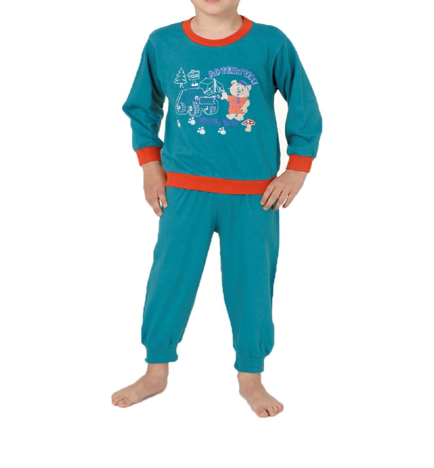 Jungen Schlafanzug langarm Pyjama mit Bündchen - Bär und Auto als Motiv 53511