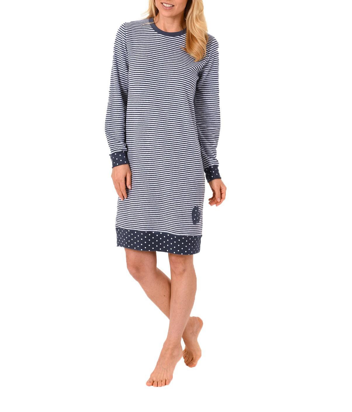 Damen Frottee Nachthemd mit Tupfen Punkten, Streifen + Bündchen Rundhals 59368 NEW