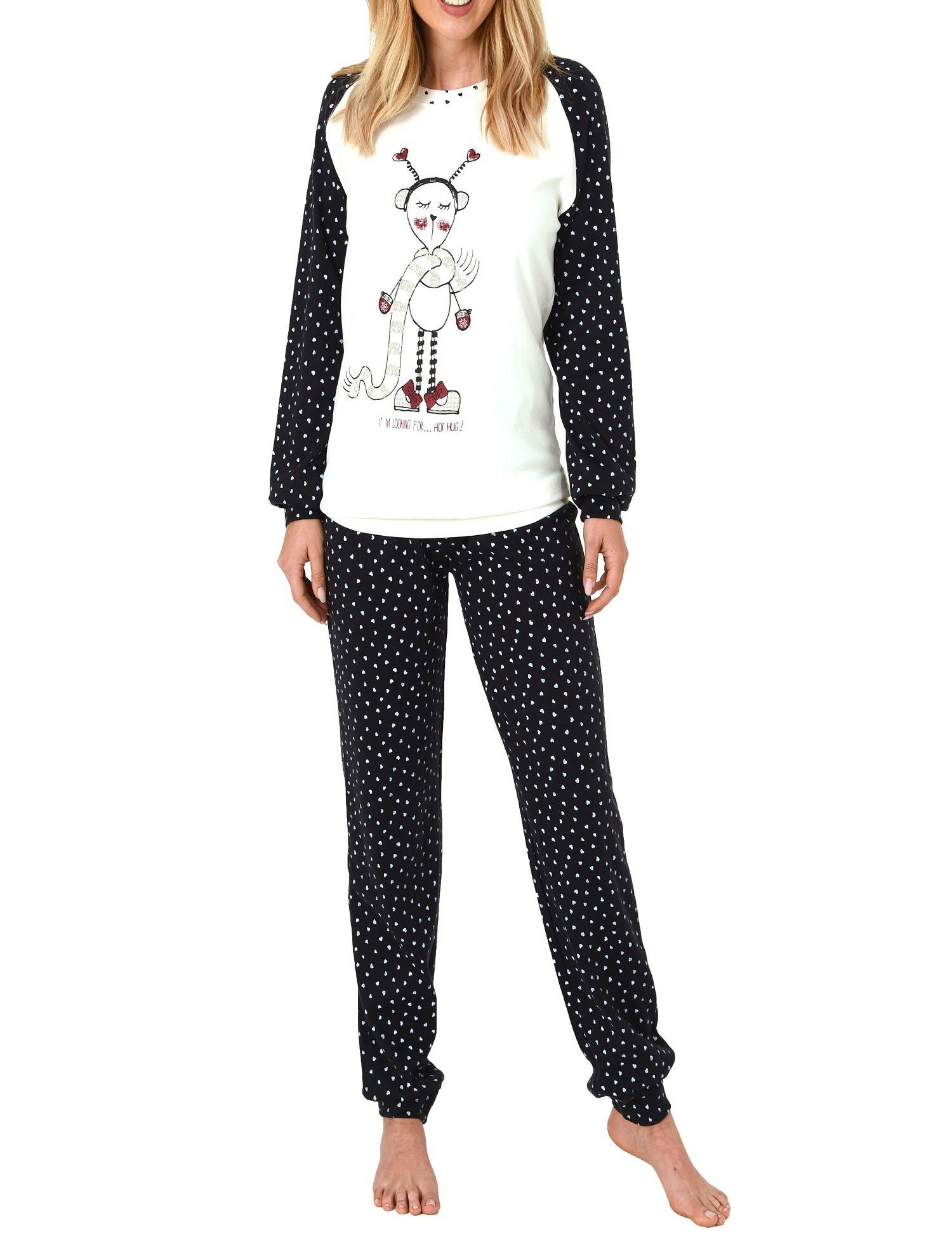 Damen Pyjama mit Bündchen - Herz Alloverdruck - auch in Übergrössen - Kuschel-Interlock 