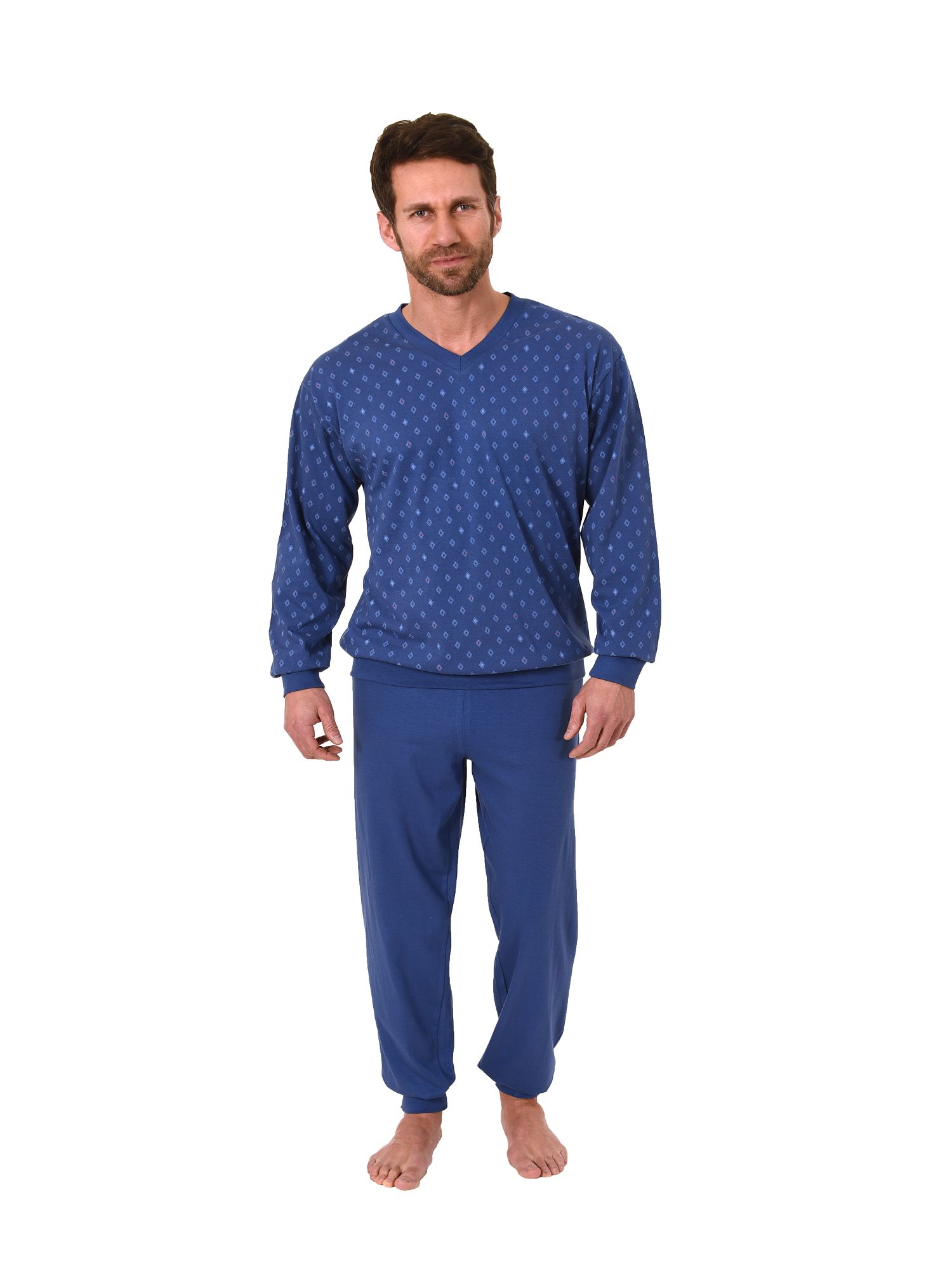 Herren Pyjama Schlafanzug langarm mit Bündchen – V-Hals – 181 101 90 001