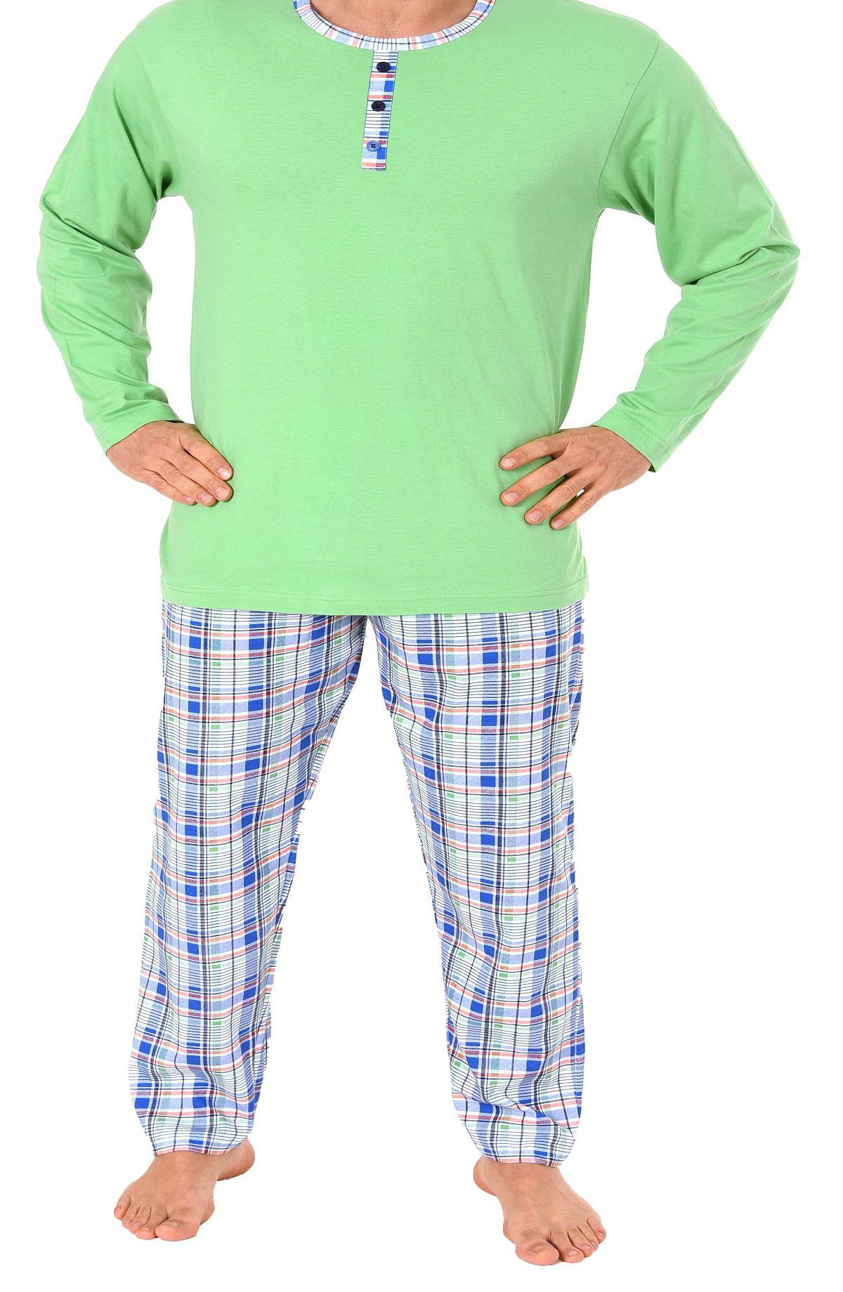 Herren Pyjama Schlafanzug langarm Mix & Match Optik mit Knopfleiste – karierte Hose