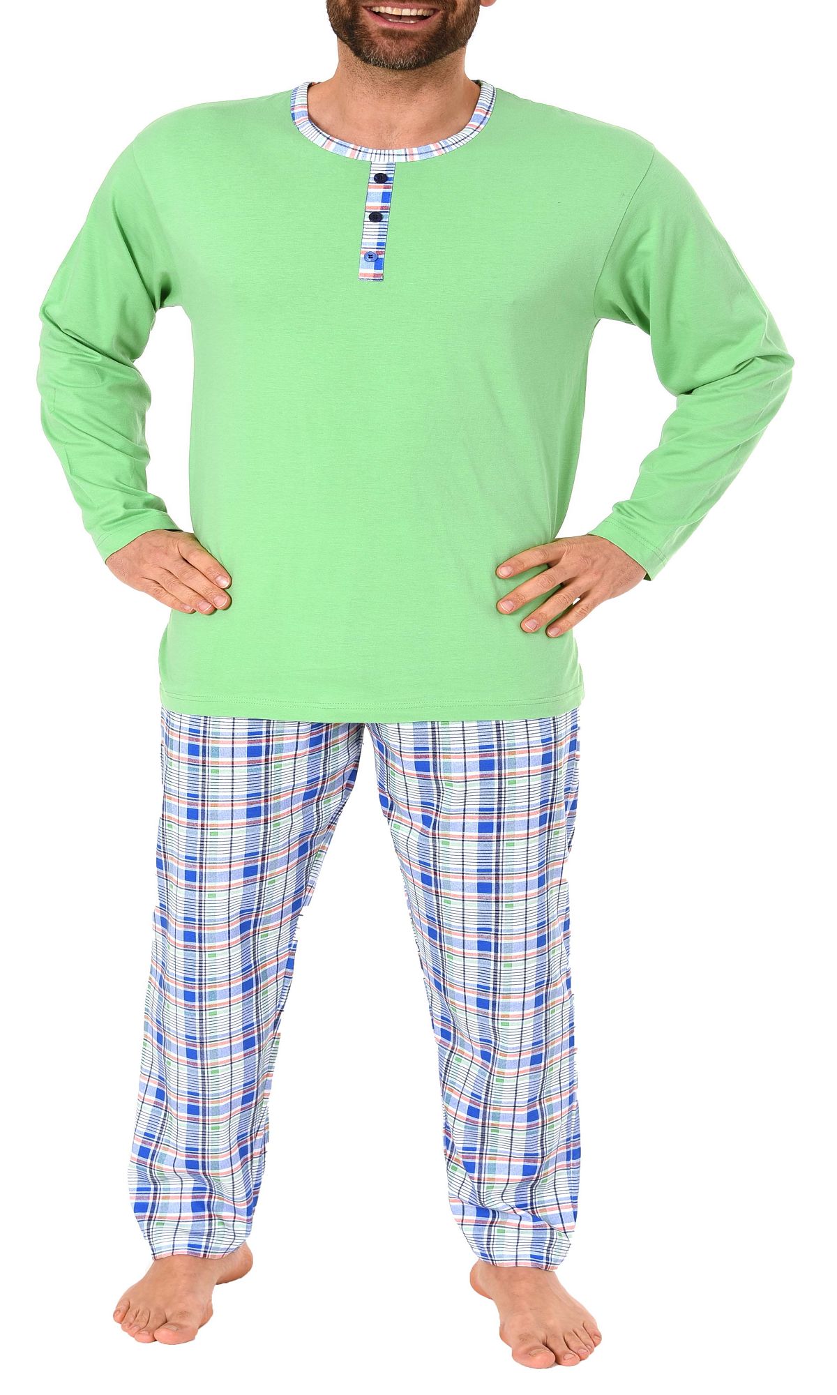 Herren Pyjama Schlafanzug langarm Mix & Match Optik mit Knopfleiste – karierte Hose