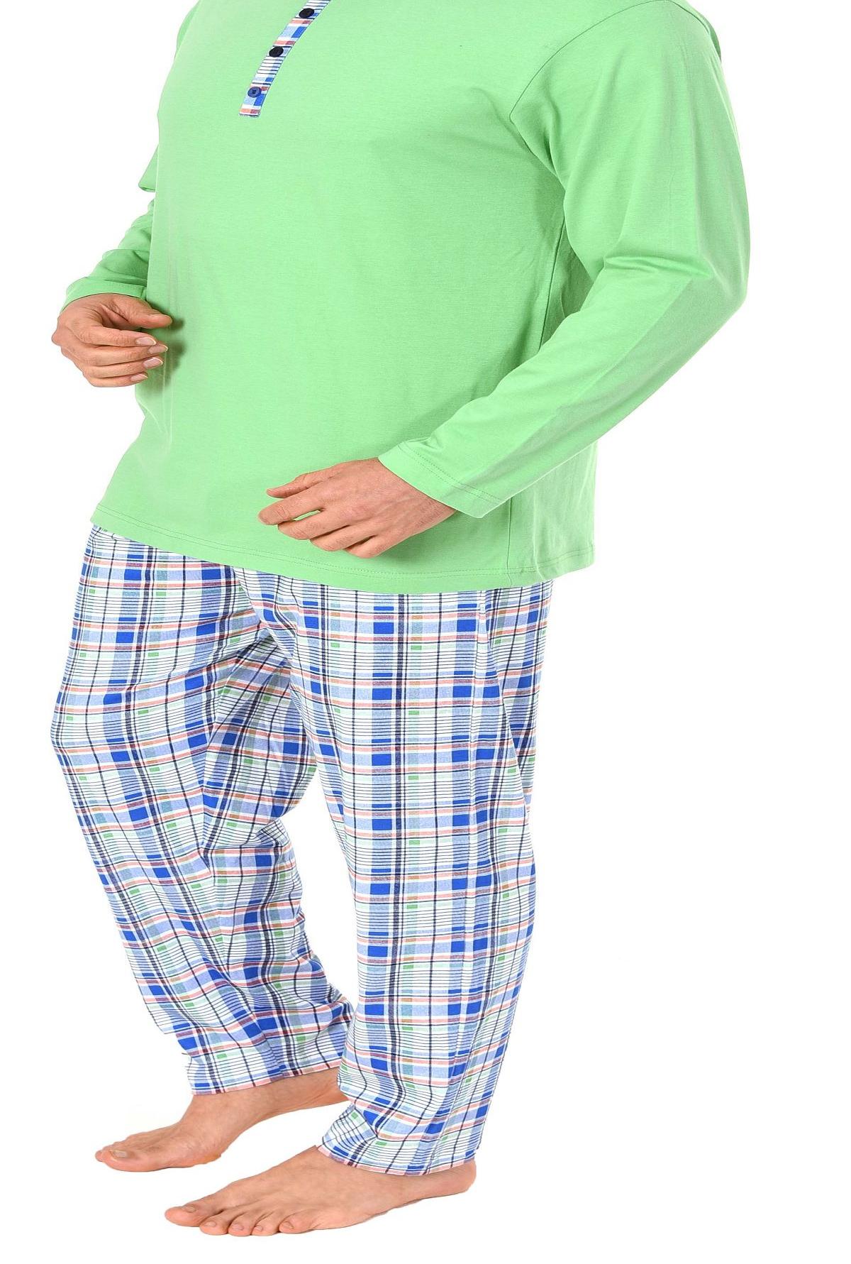Herren Pyjama Schlafanzug langarm Mix & Match Optik mit Knopfleiste – karierte Hose