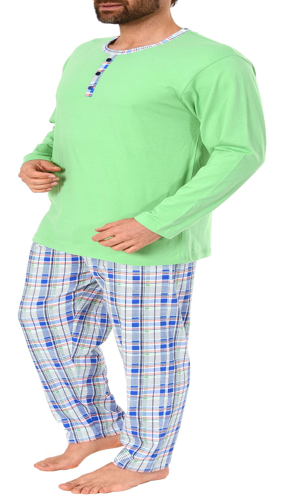 Herren Pyjama Schlafanzug langarm Mix & Match Optik mit Knopfleiste – karierte Hose