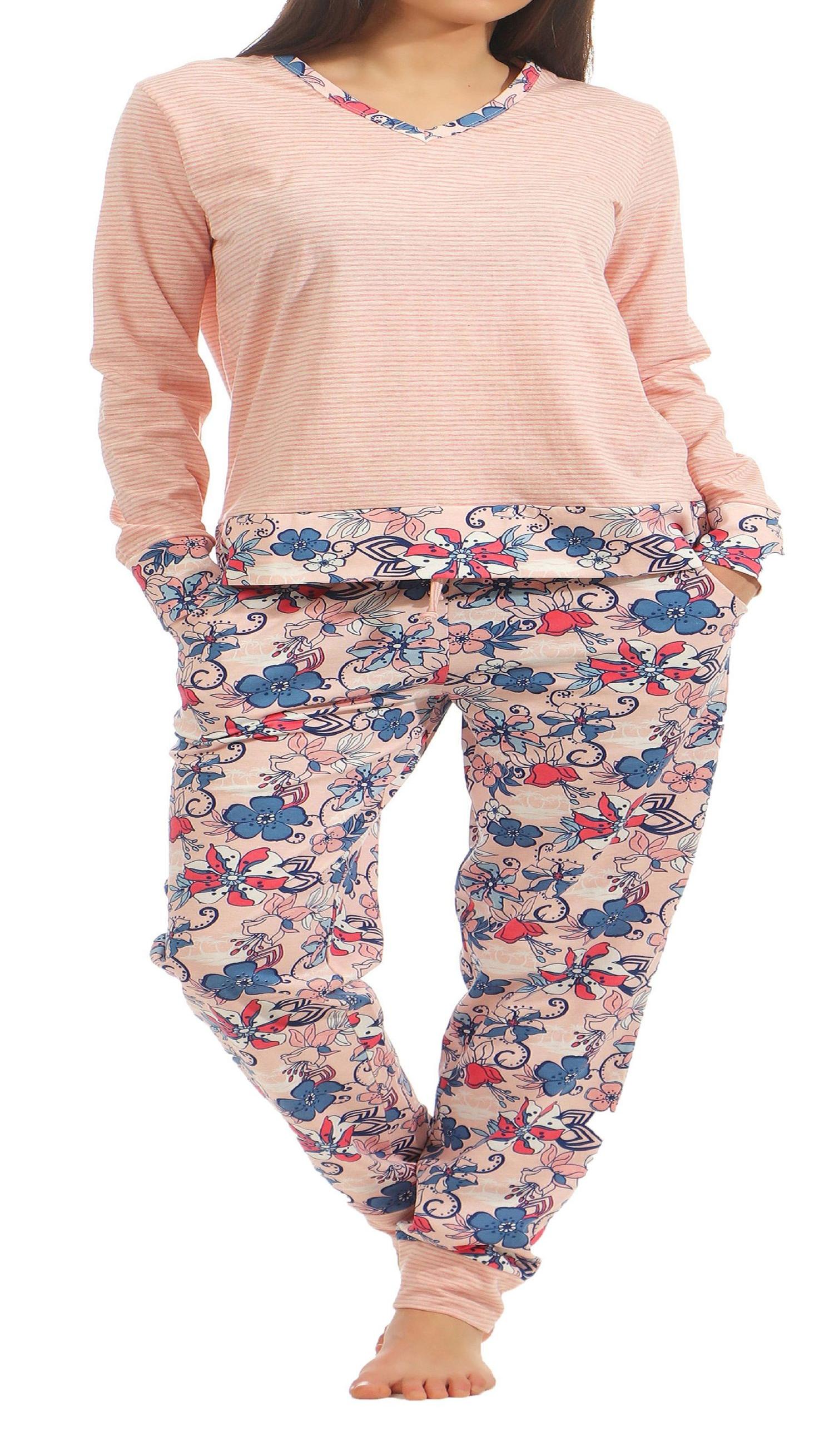 Toller Damen Schlafanzug Pyjama Hausanzug lang mit abgesetzten Bündchen 181 201 90 106