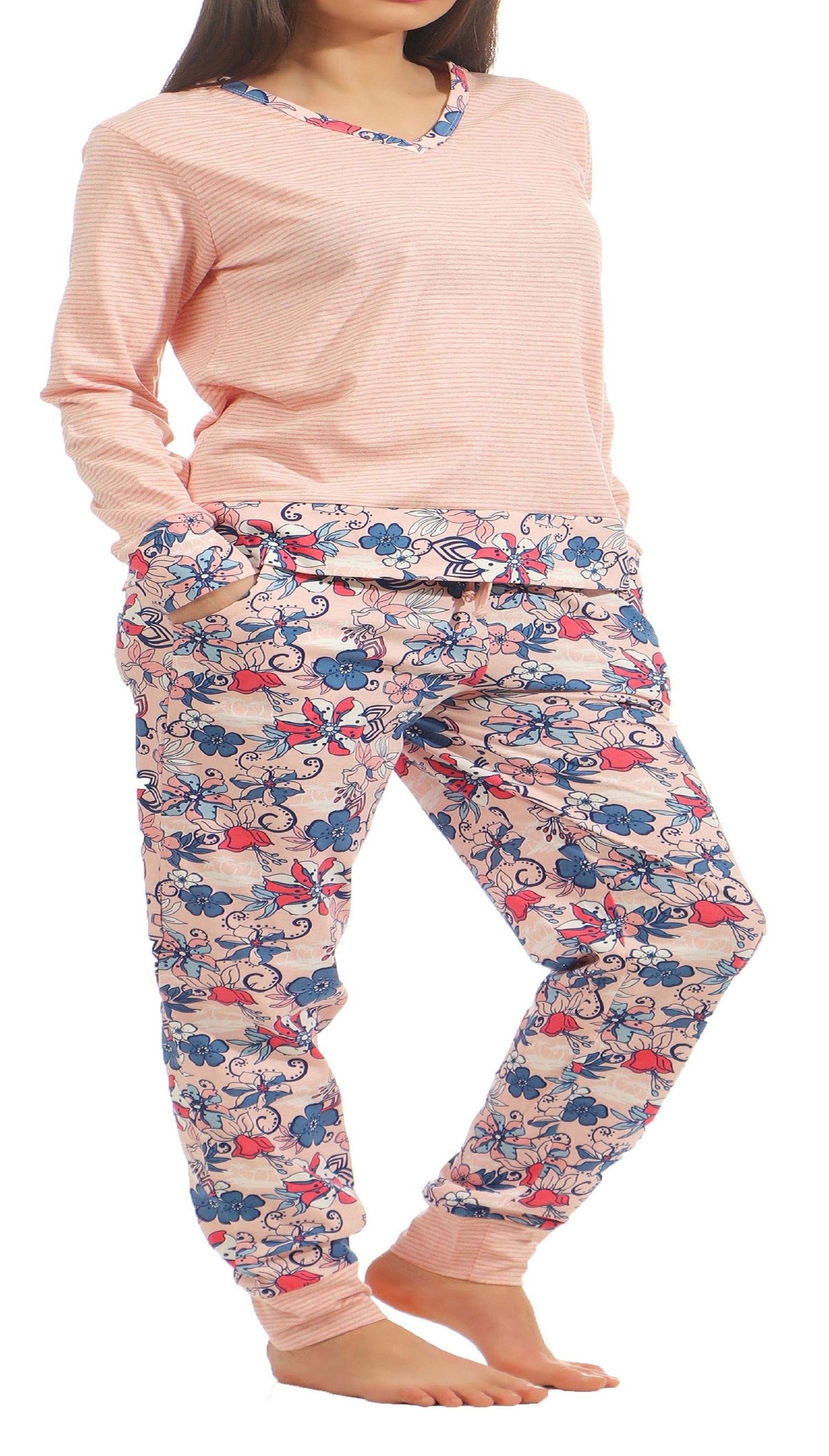 Toller Damen Schlafanzug Pyjama Hausanzug lang mit abgesetzten Bündchen 181 201 90 106