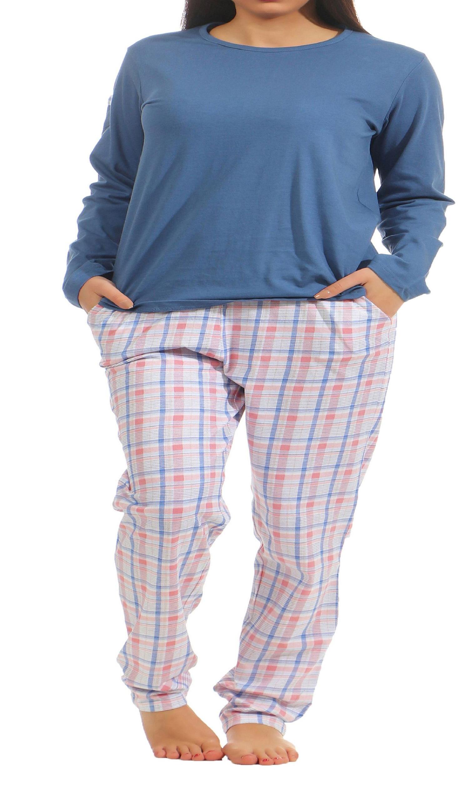 Damen Pyjama Schlafanzug langarm Mix & Match Optik, Hose Kariert 181 201 90 204