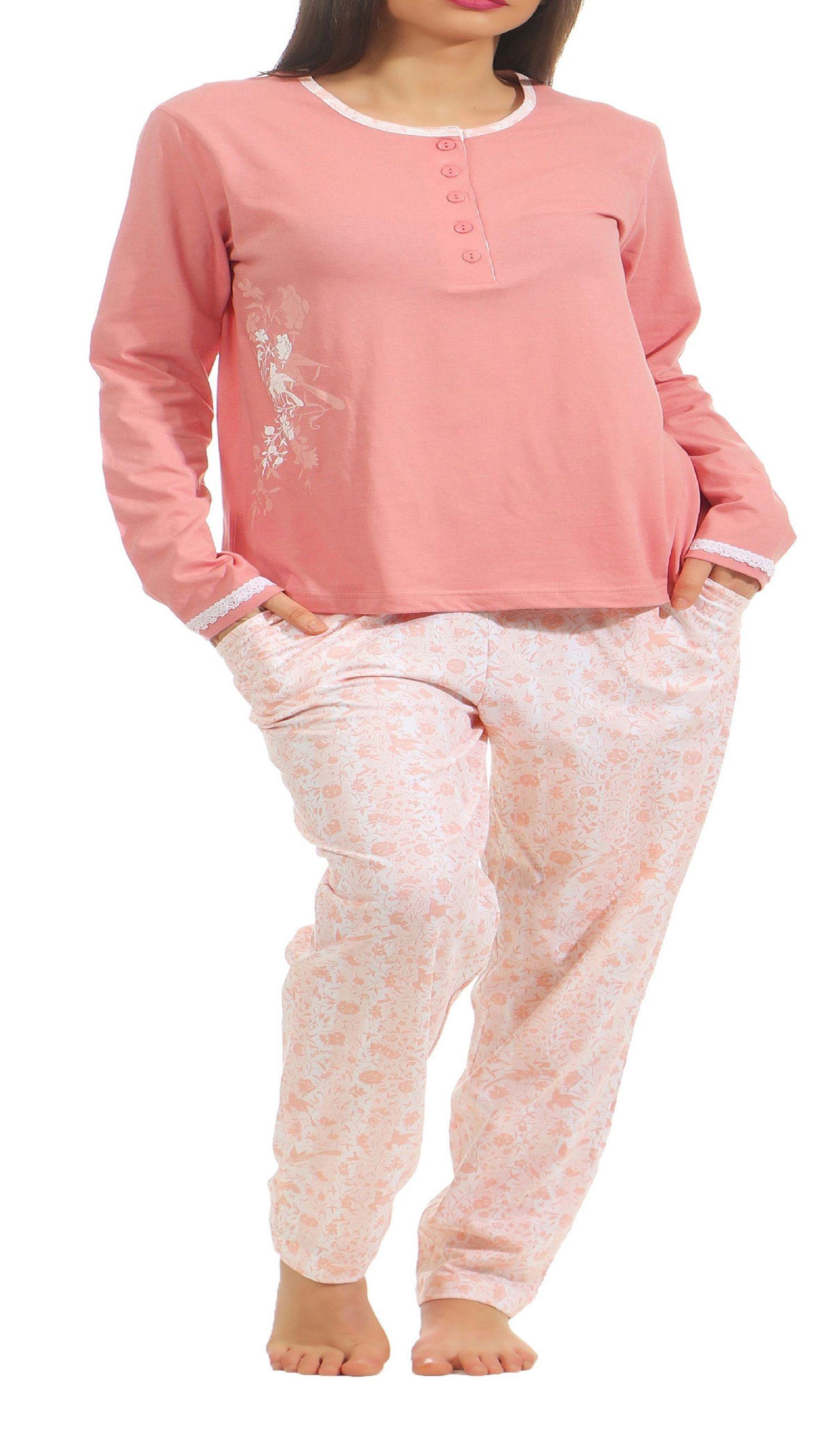 Klassischer Damen Pyjama Schlafanzug mit Knopfleiste am Hals 181 201 90 206