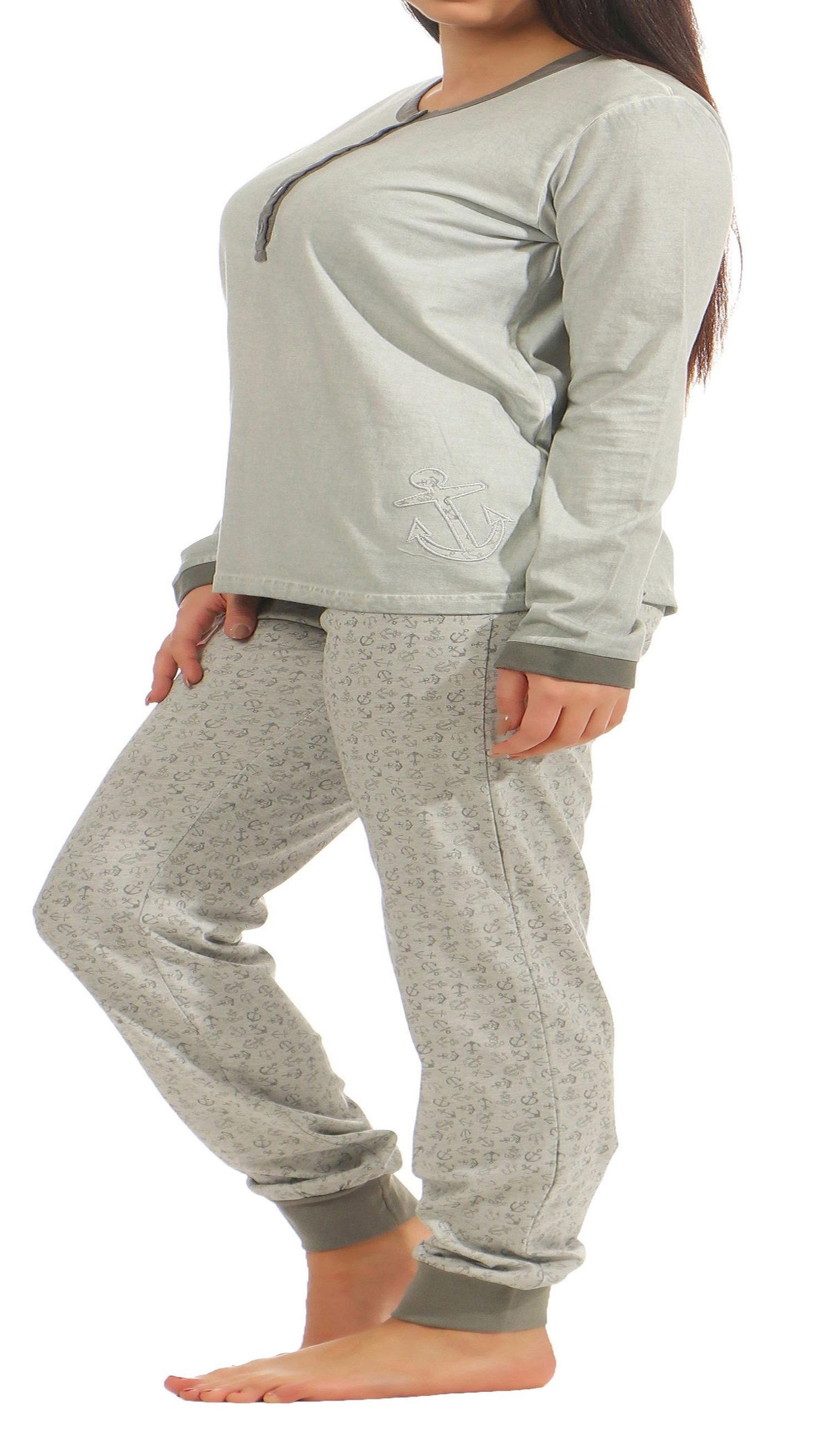 Damen Schlafanzug langarm mit Bündchen und Anker Motiv – gewaschene Optik 201 90 216