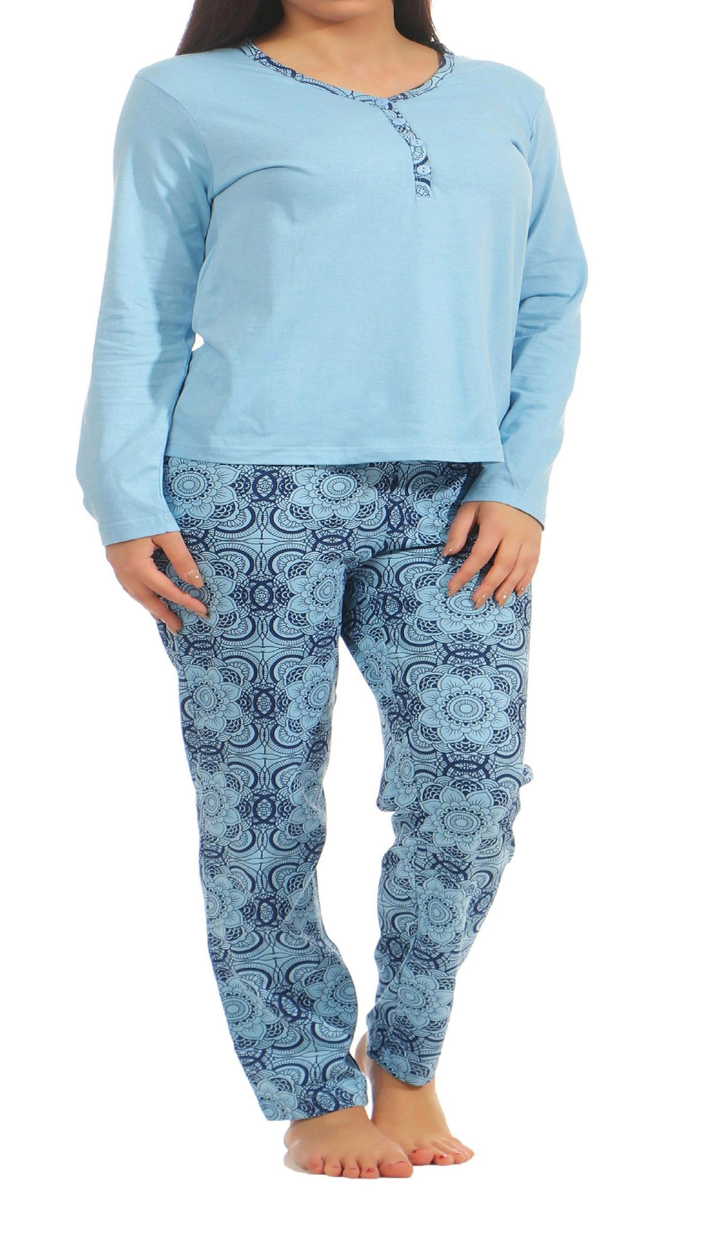 Normann Damen Schlafanzug Pyjama langarm mit Knopfleiste am Hals 181 201 90 226