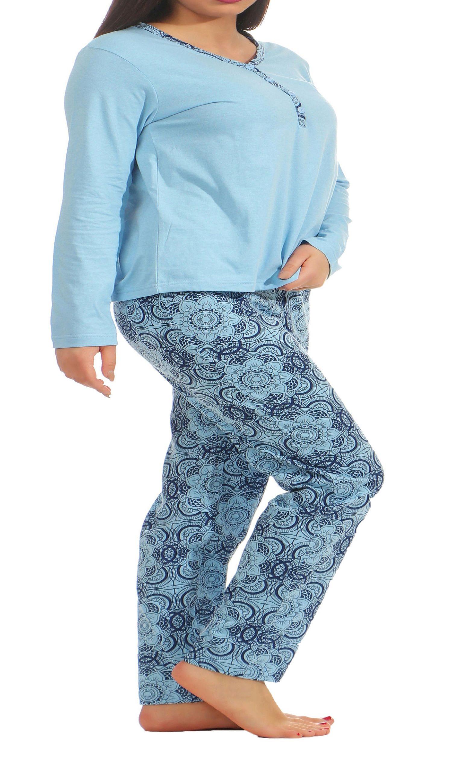 Normann Damen Schlafanzug Pyjama langarm mit Knopfleiste am Hals 181 201 90 226