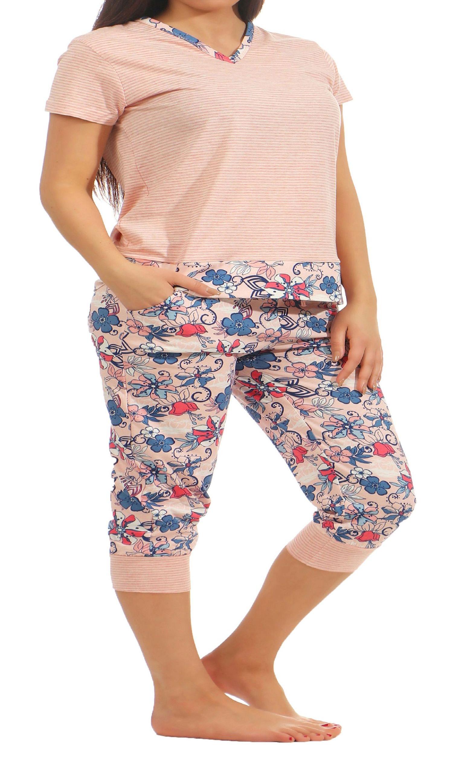 Normann Damen Capri Schlafanzug Pyjama mit ¾ Caprihose kurzarm 181 204 90 106