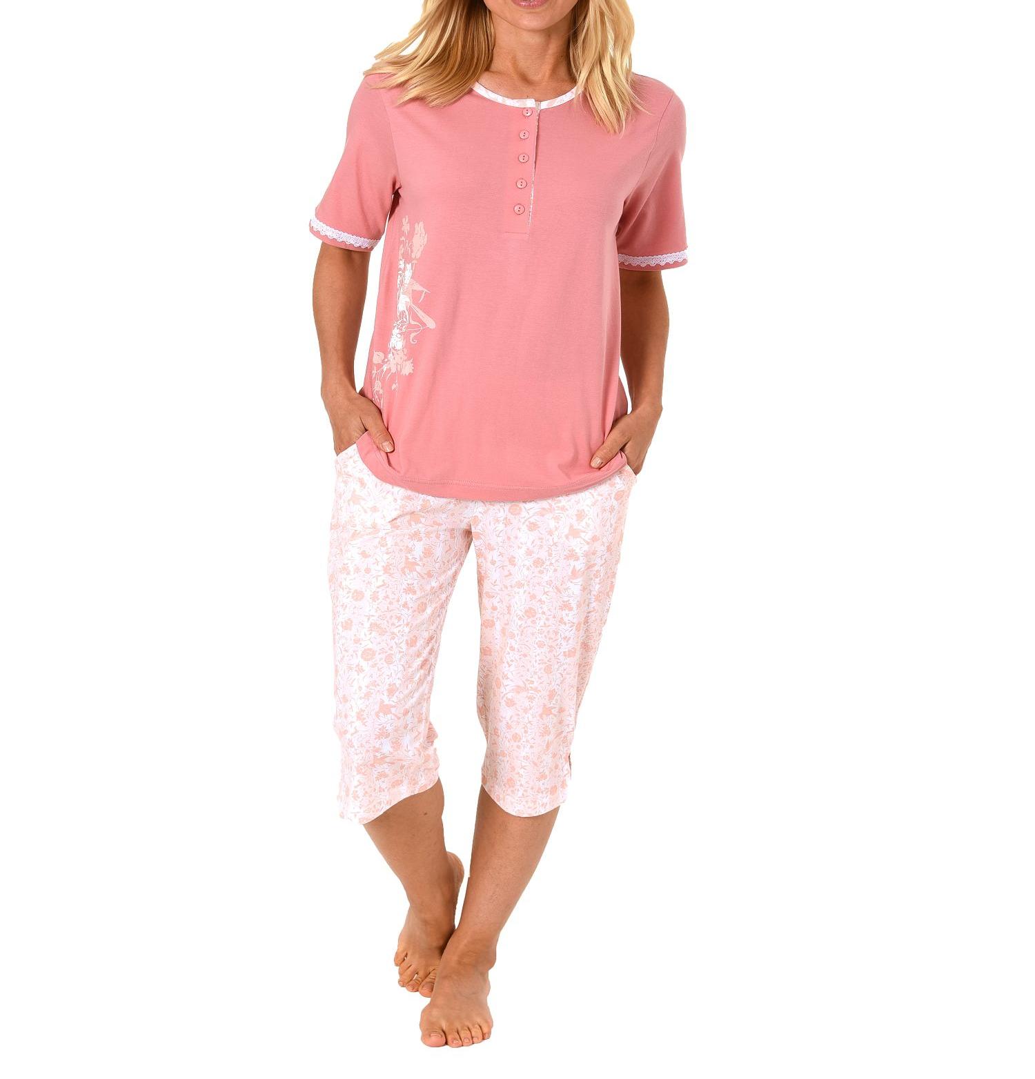 Klassischer Normann Damen Capri Pyjama kurzarm mit Knopfleiste am Hals 181 204 90 206