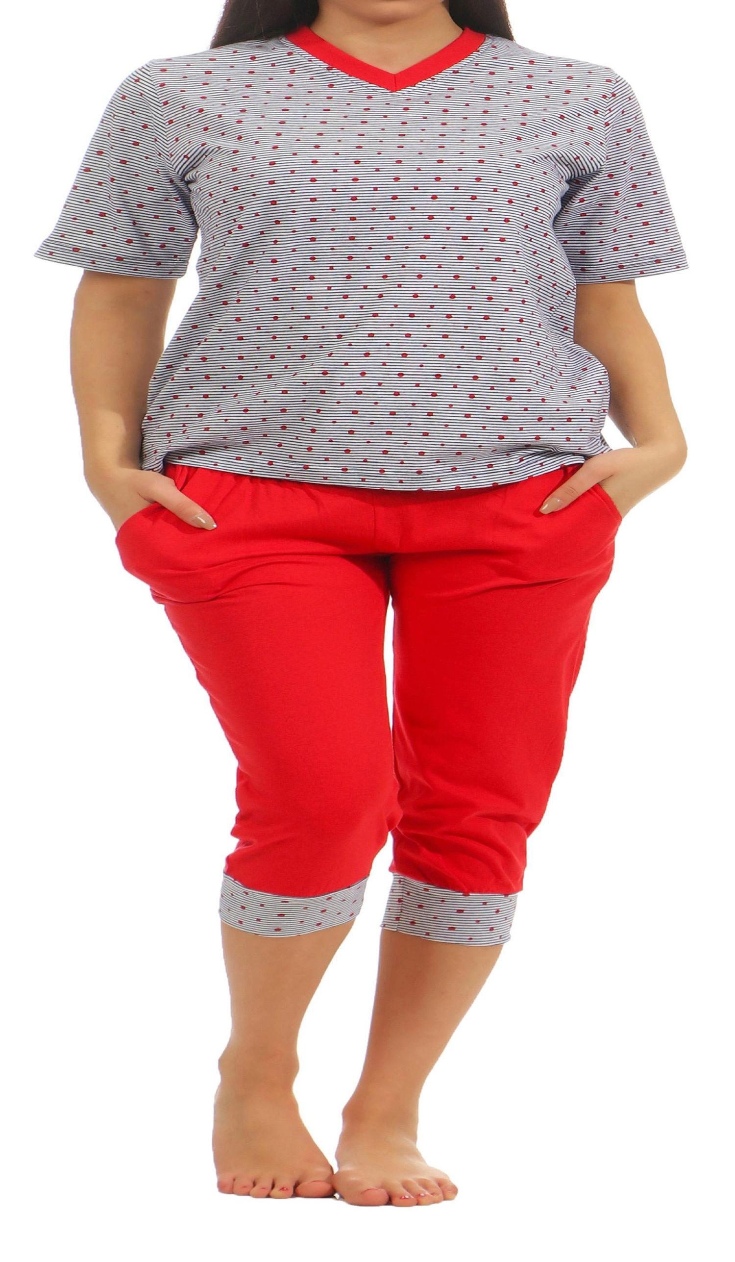 Normann Damen Schlafanzug kurzarm mit ¾ langer Capri Hose Oberteil Tupfen Optik  90 222
