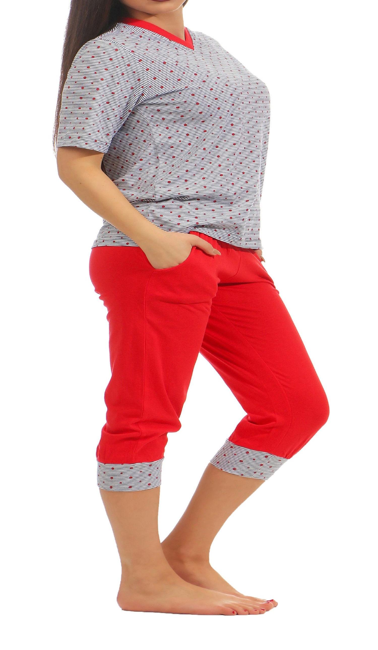 Normann Damen Schlafanzug kurzarm mit ¾ langer Capri Hose Oberteil Tupfen Optik  90 222