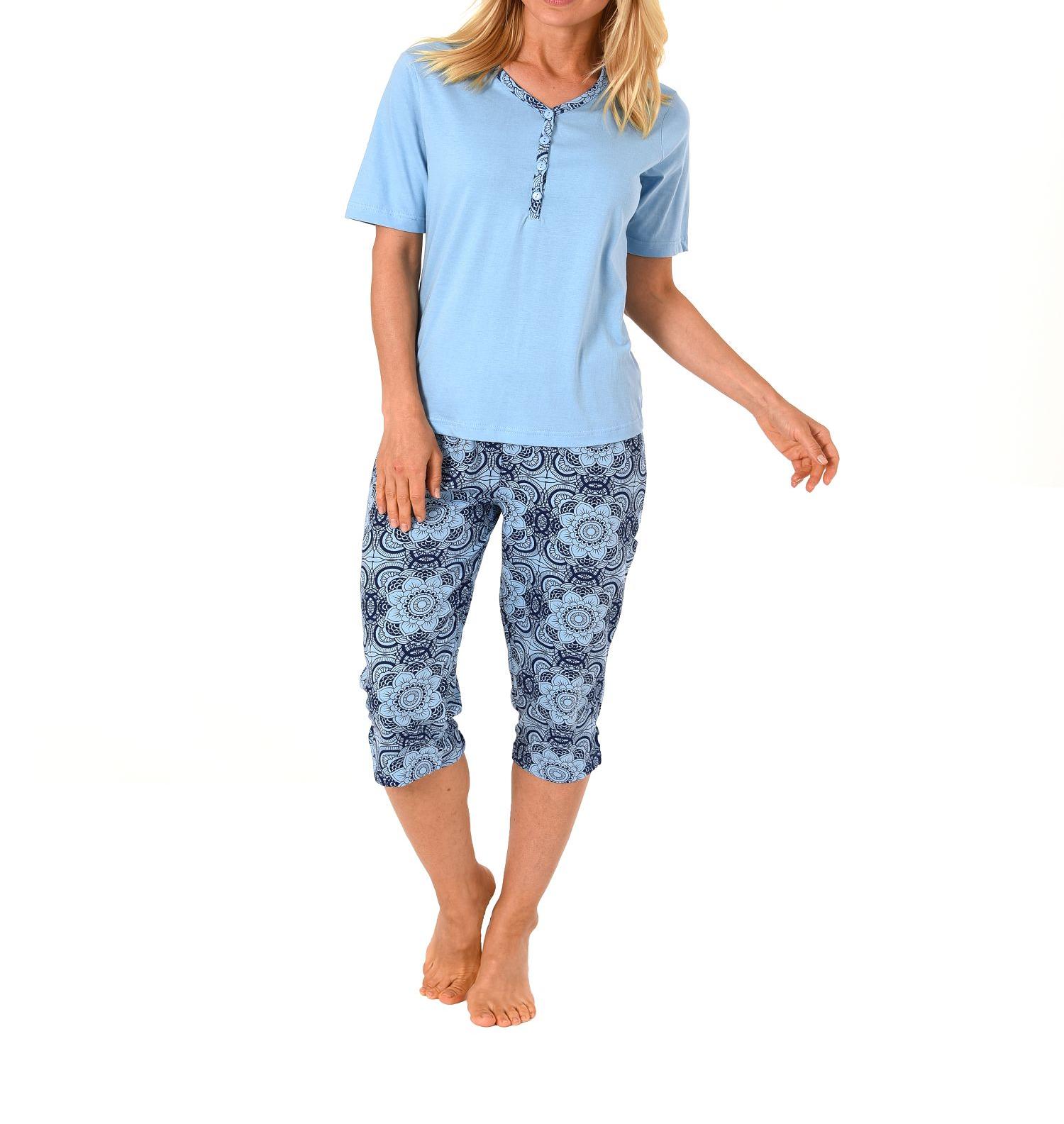 Eleganter Damen Capri Schlafanzug Pyjama kurzarm mit Knopfleiste am Hals 204 90 226