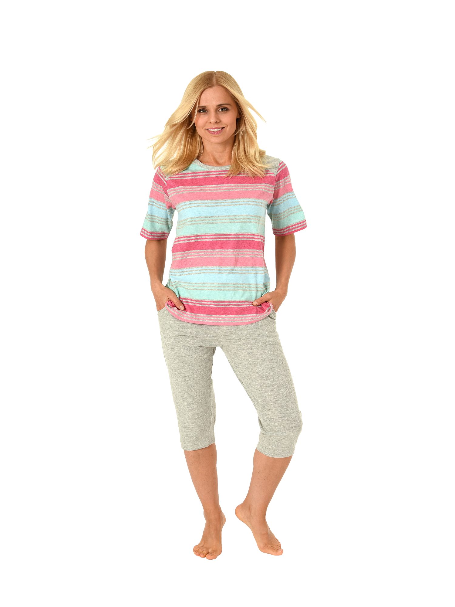 Damen Capri Pyjama kurzarm in Streifenoptik von NORMANN  181 204 90 228