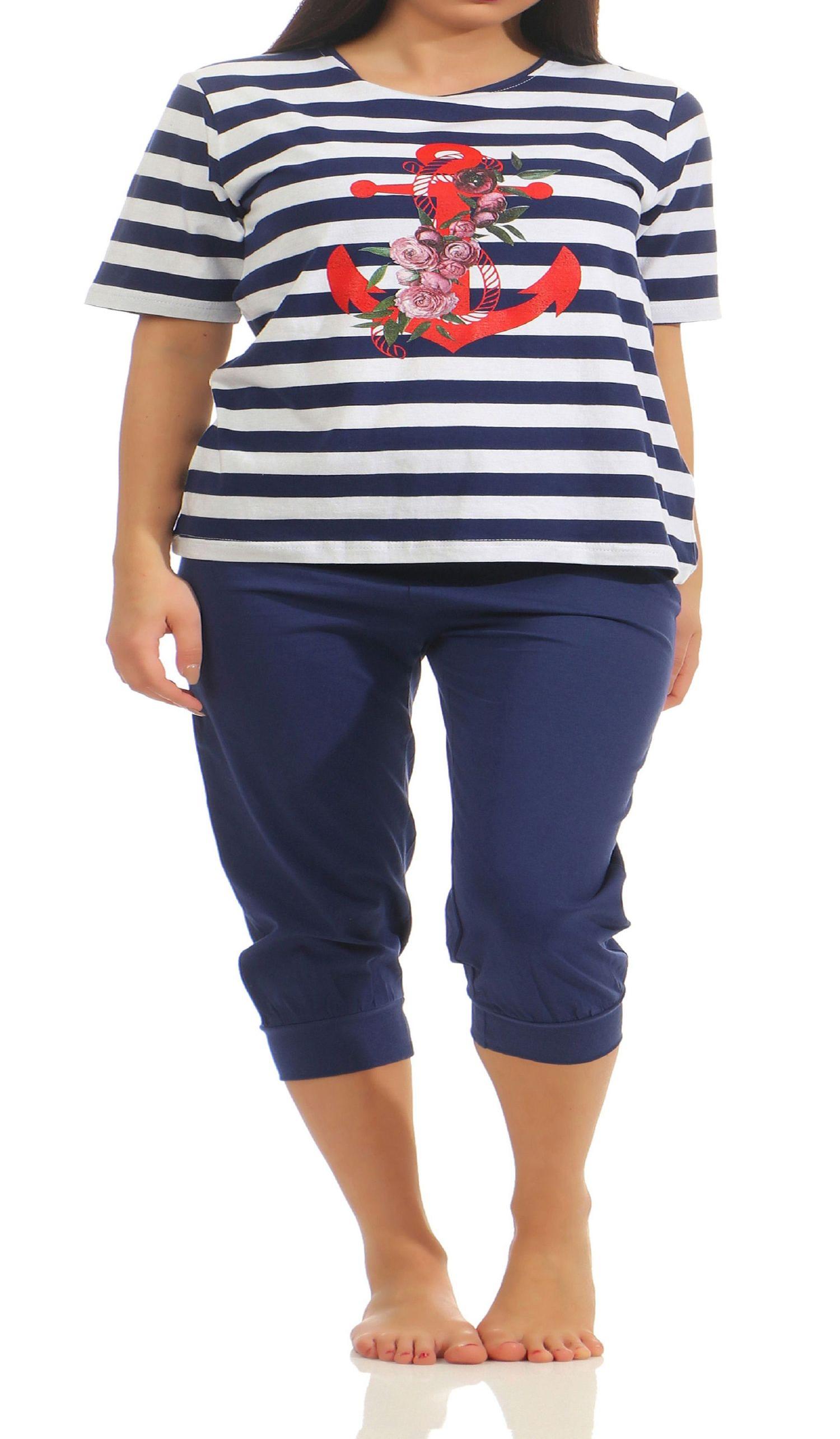 Damen Pyjama mit Caprihose kurzarm, maritime Streifenoptik und Ankermotiv 204 90 868