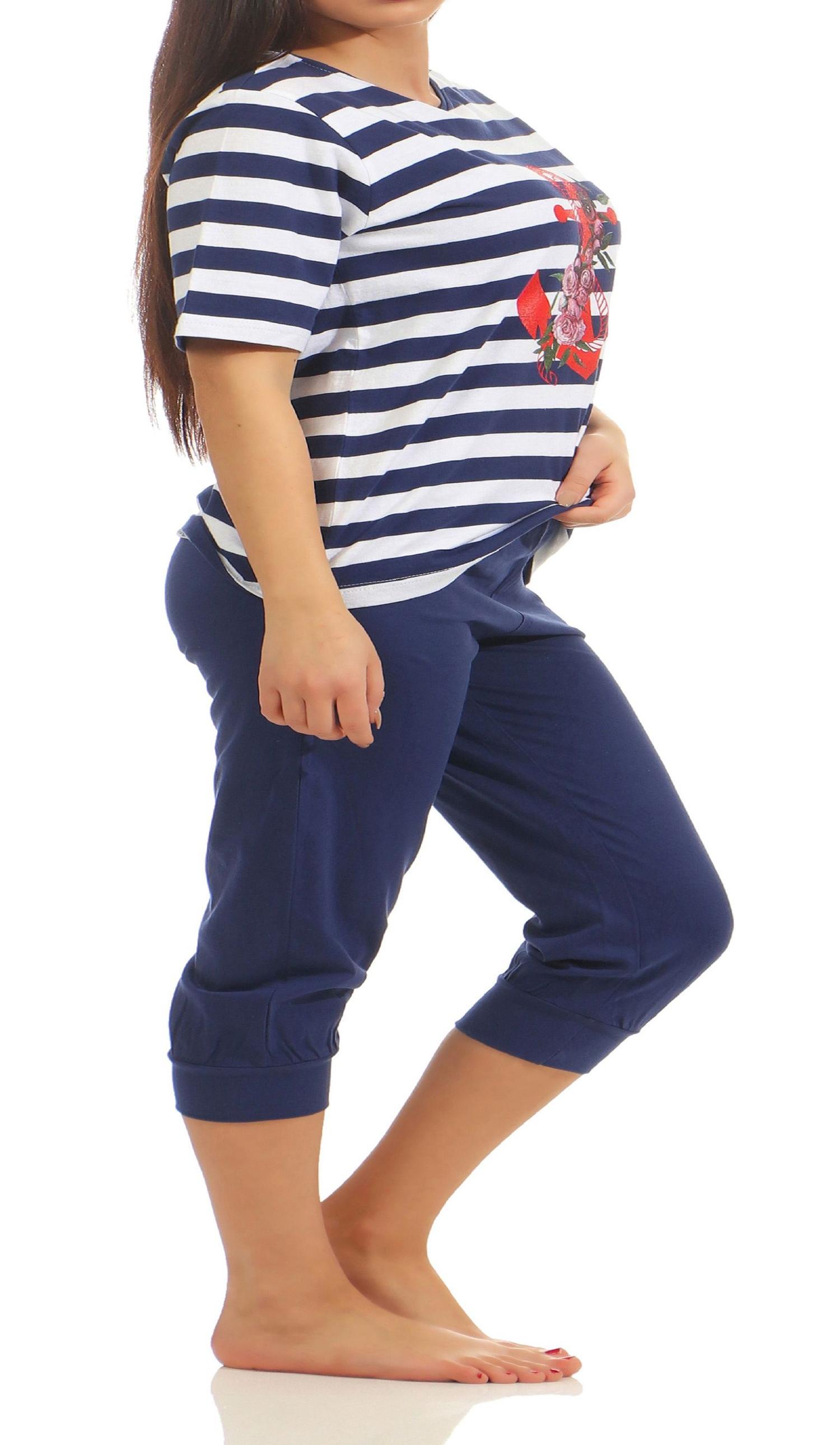 Damen Pyjama mit Caprihose kurzarm, maritime Streifenoptik und Ankermotiv 204 90 868