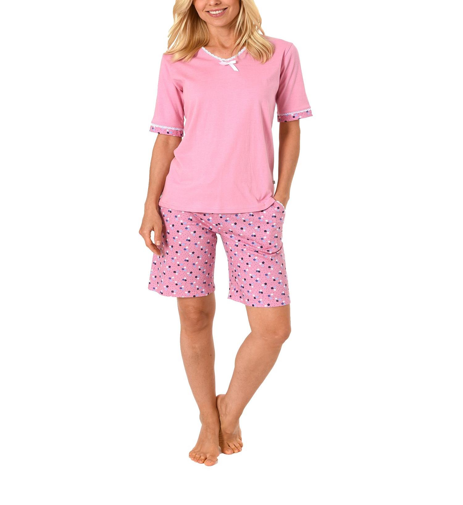 Damen Shorty Schlafanzug Pyjama kurzarm mit Spitze und gemusterten Shorts  205 90 214