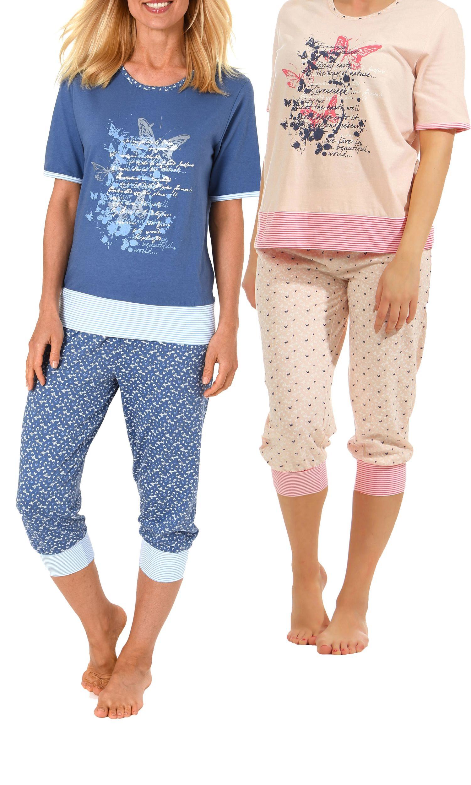 Zweierpack Damen Capri Pyjama Schlafanzüge Kurzarm mit Rundhals und Bündchen 60774