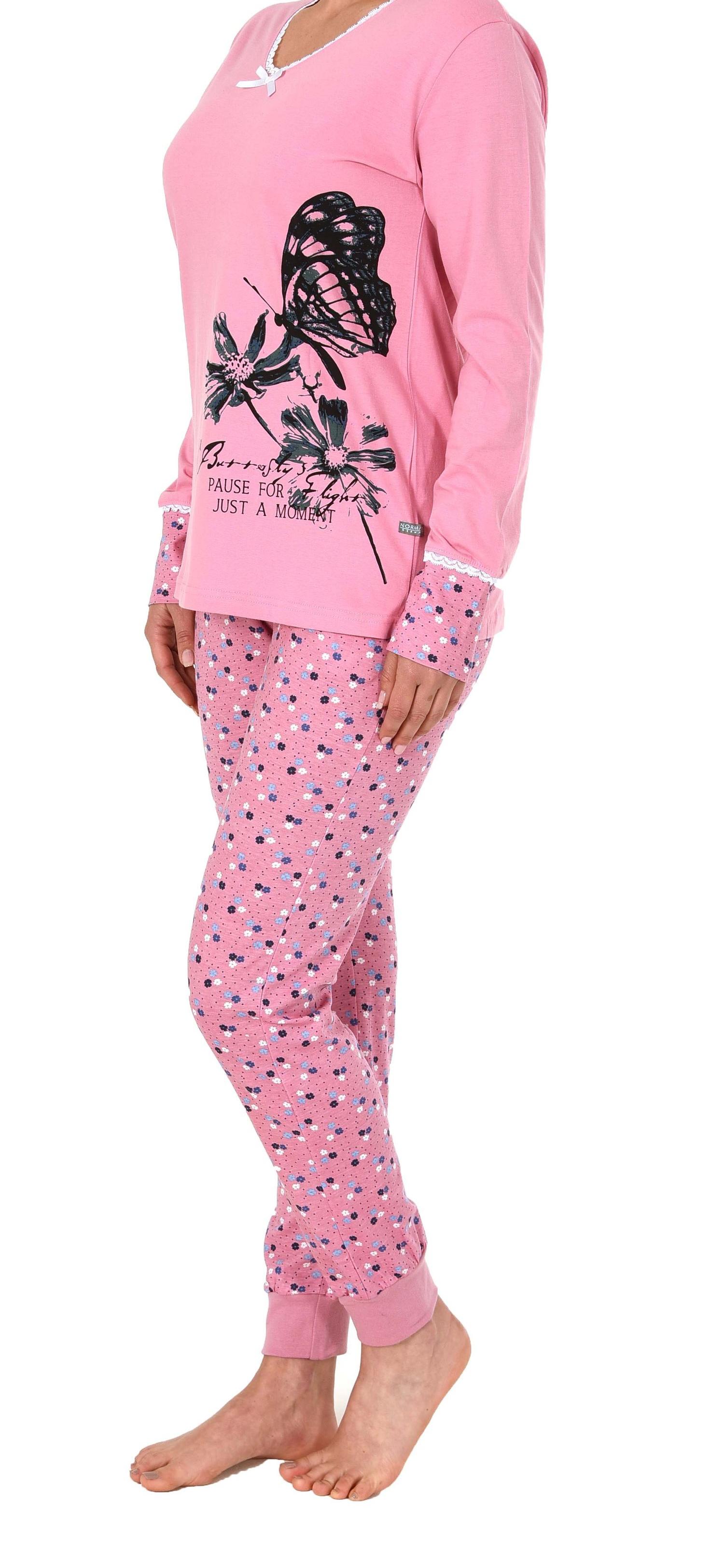 Damen Schlafanzug Pyjama langarm mit Spitze, abgesetzten Bündchen und Blumem Tupfen Design Damen Schlafanzug Pyjama langarm mit Spitze, abgesetzten Bündchen und Blumem Tupfen Design