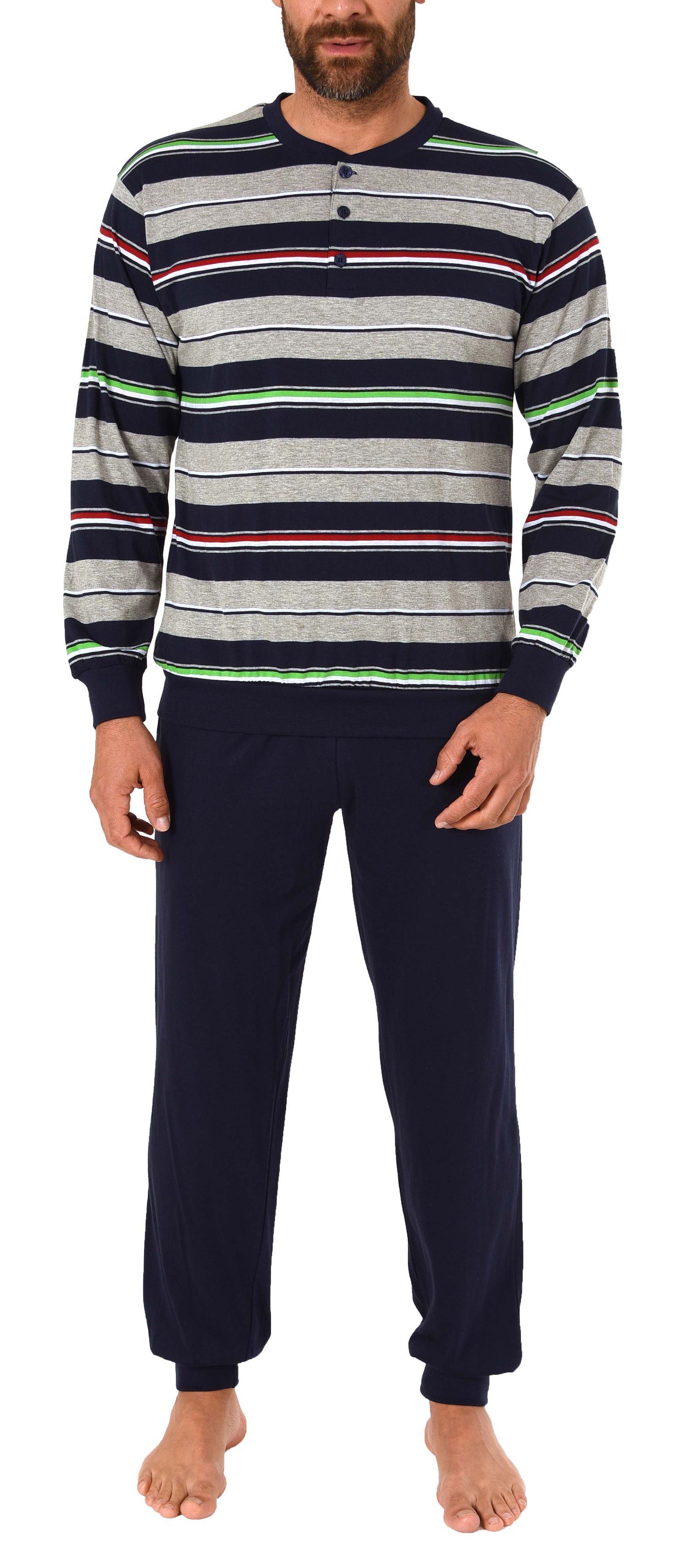 Herren Pyjama Schlafanzug lang mit Bündchen und Knopfleiste in Streifenoptik - 101 90 752