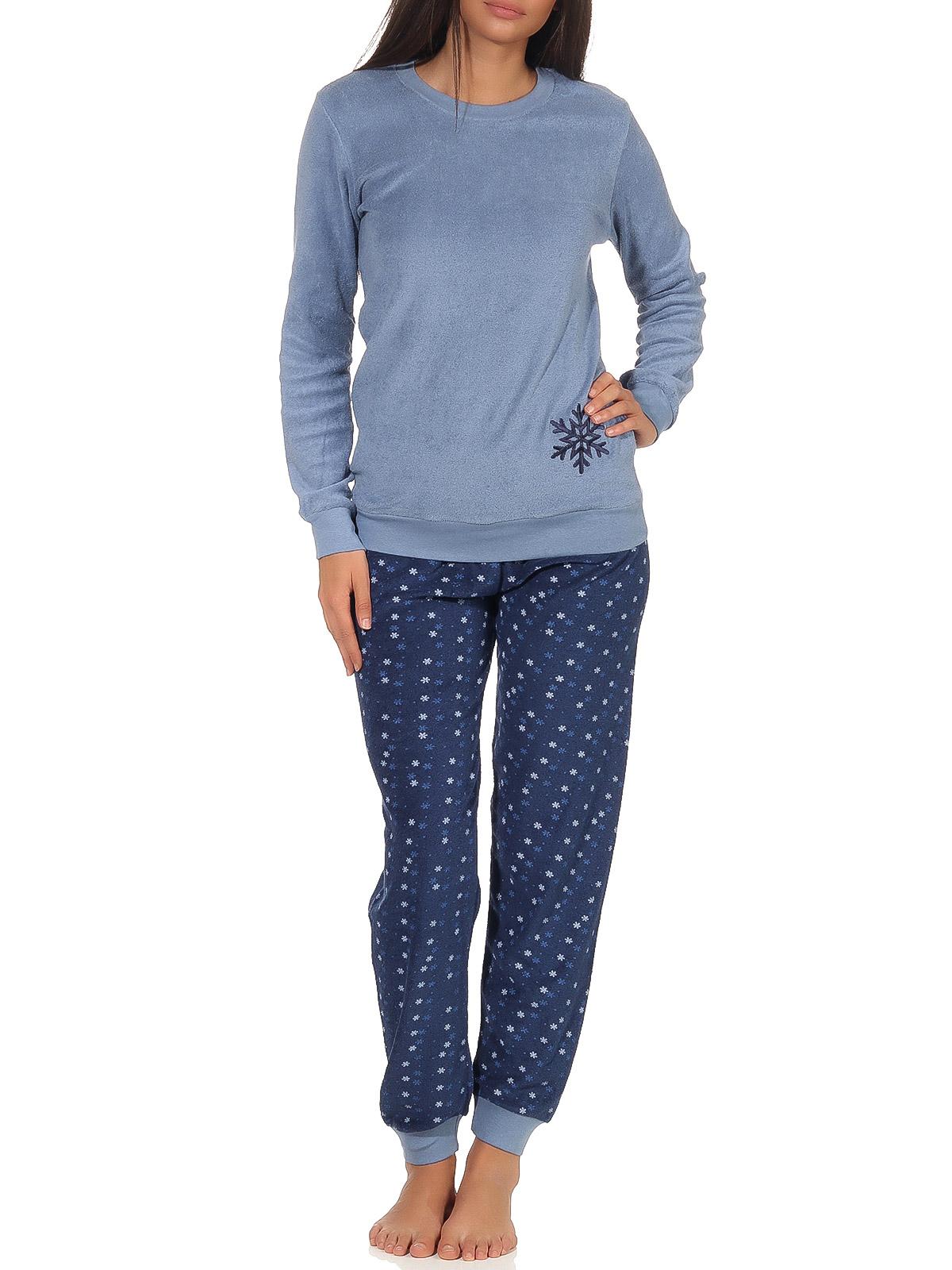 Damen Frottee Pyjama Schlafanzug langarm mit Bündchen und Eiskristall Motiv 291 201 13 900