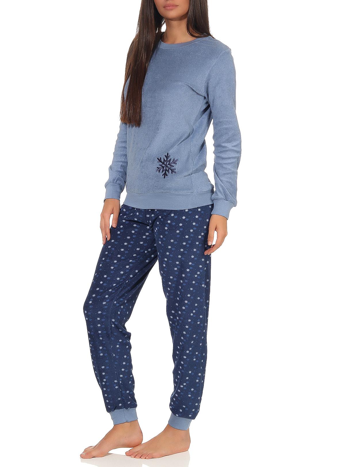 Damen Frottee Pyjama Schlafanzug langarm mit Bündchen und Eiskristall Motiv 291 201 13 900