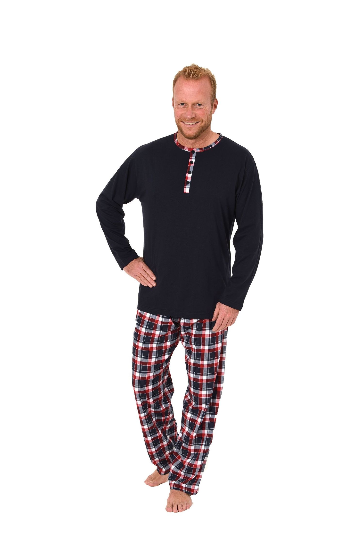 Herren Pyjama lang – Hose kariert Oberteil uni – Mix and Match Single-Jersey, 61567 Herren Pyjama lang – Hose kariert Oberteil uni – Mix and Match Single-Jersey, 61567
